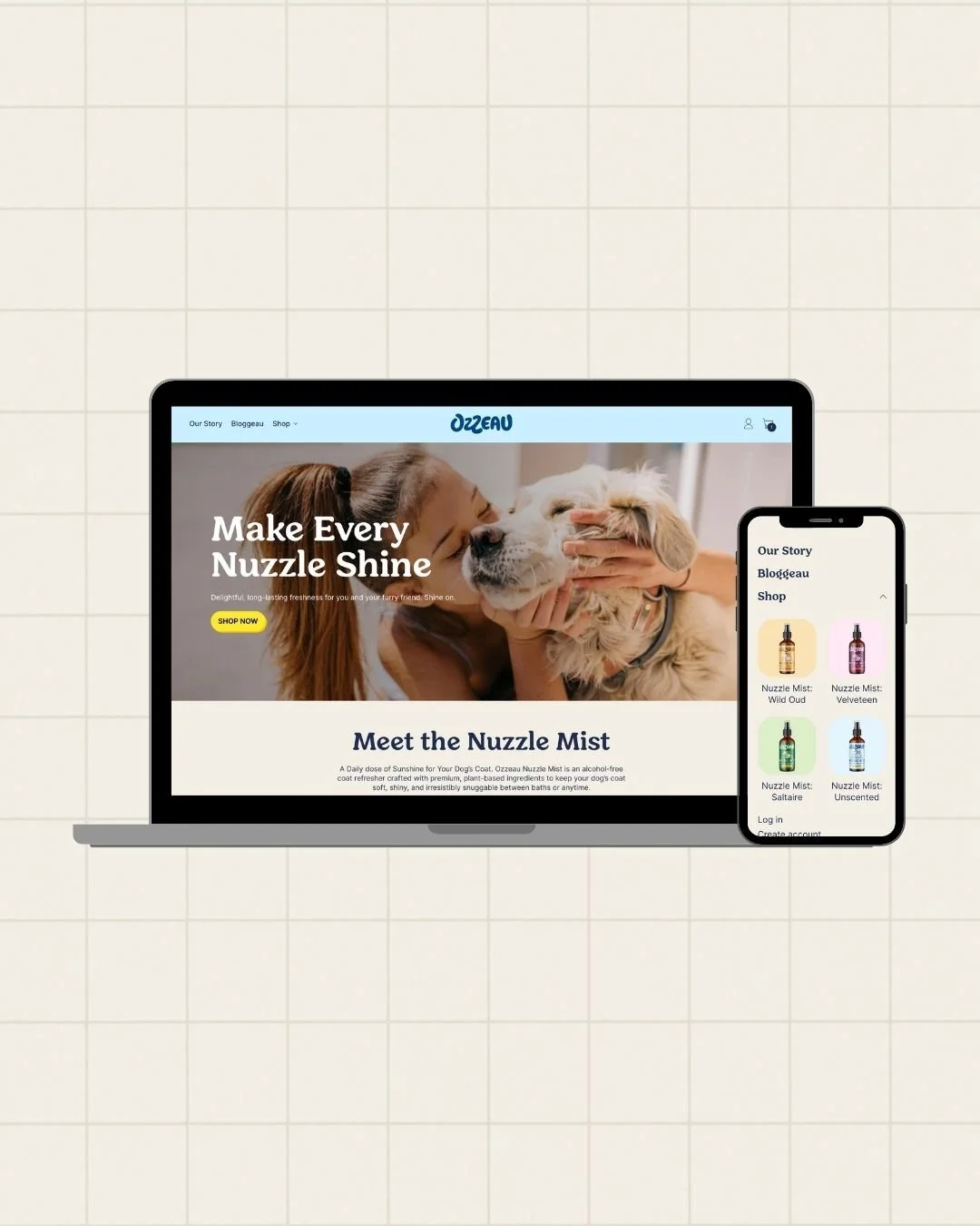 Laptop and phone screens with Ozzeau pets website on them layered on a cream grid texture background