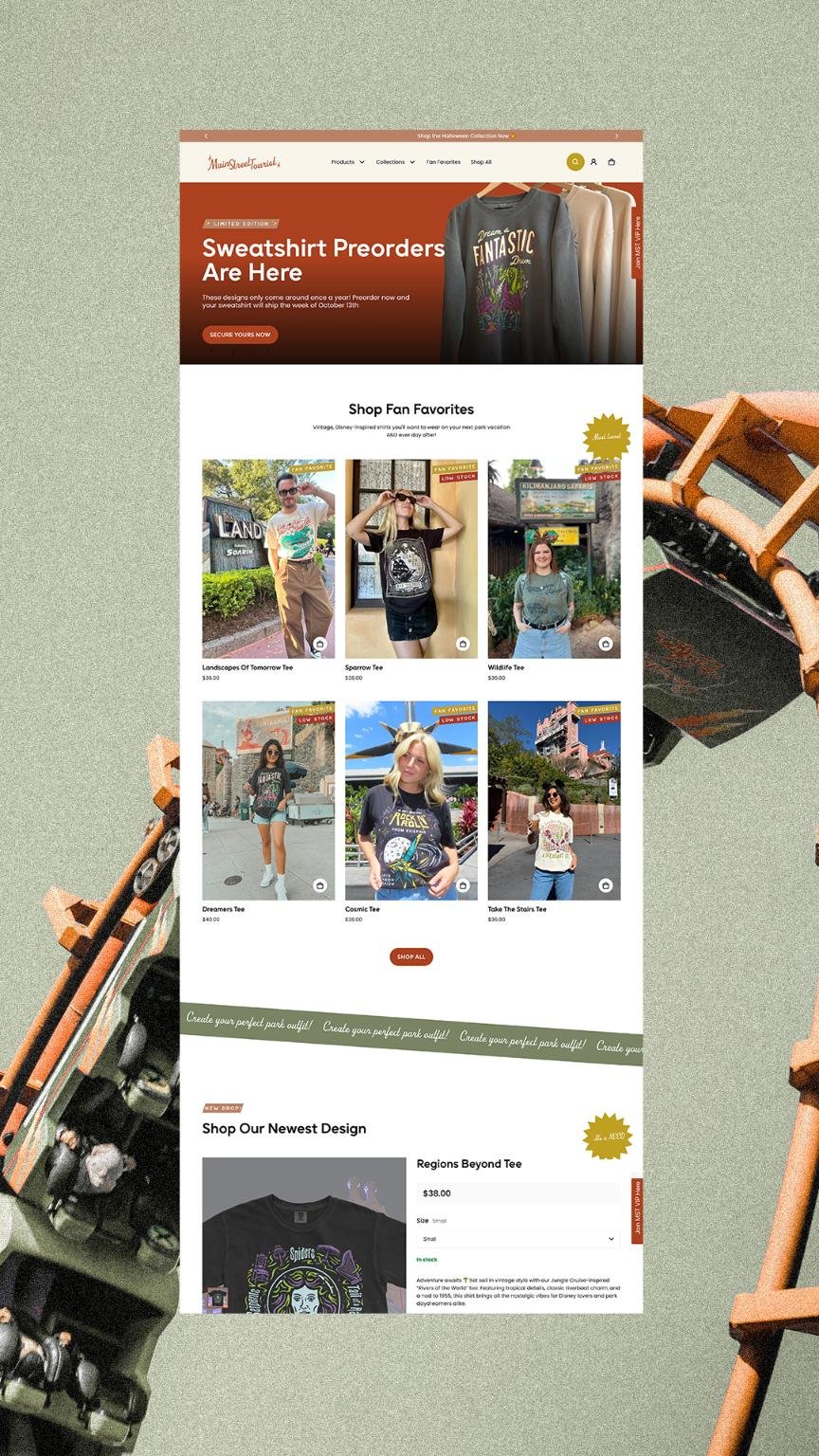 Main street tourist website homepage on an image of a roller coaster