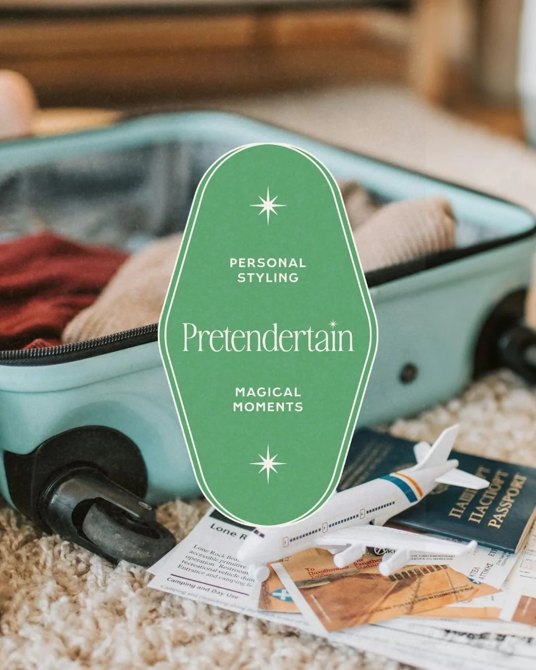 Pretendertain green vintage hotel key style logo over image of suitcase and travel materials on floor