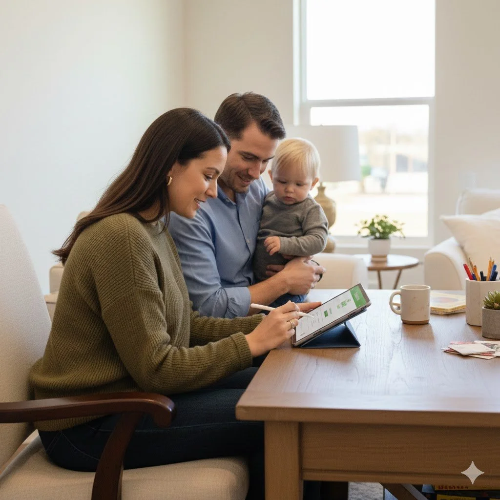 A family of three sitting at a wooden table in a bright living room. The woman is pointing at a tablet with a stylus, while the man holds the toddler, who is looking at the tablet.