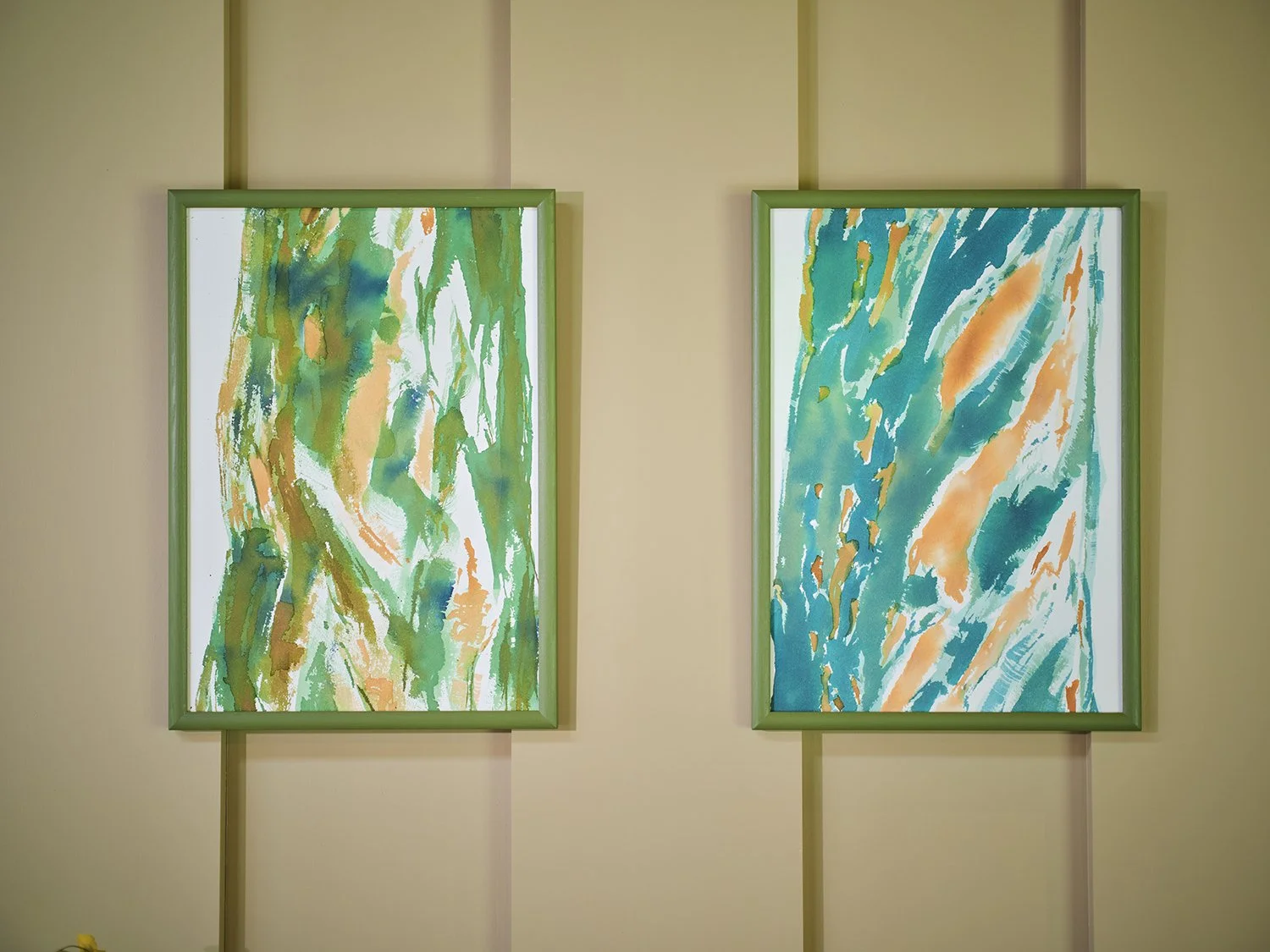 Left to right Eucalyptus #27 and Eucalyptus #28.Ink on watercolour paper framed.0.54mt by 39cm.jpg