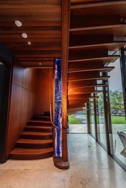Ultra custom winder stairs - Sapele, Walnut & Art Glass, - installed in Maui 