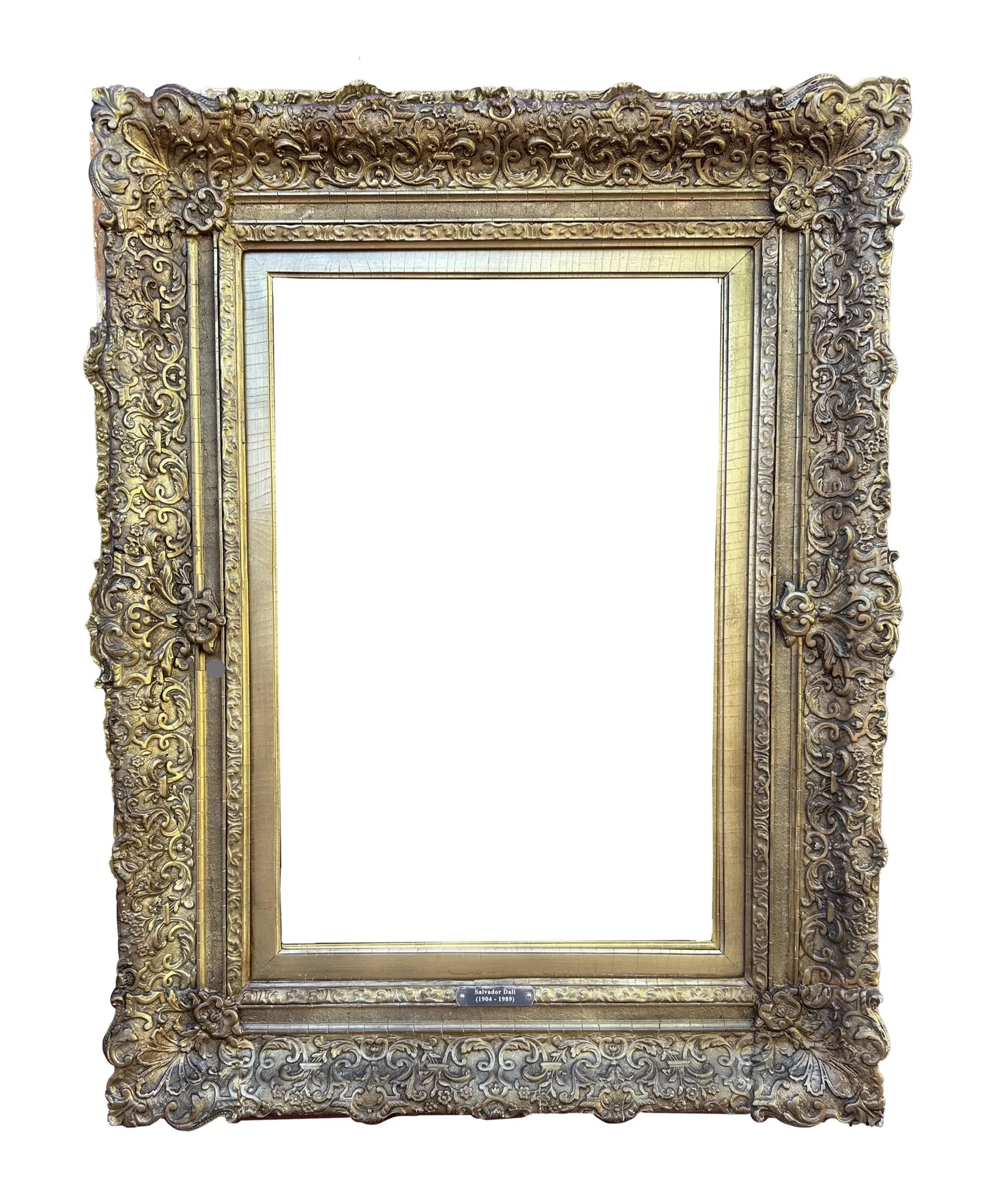 An ornate Victorian-style gold picture frame with intricate floral and scroll designs.