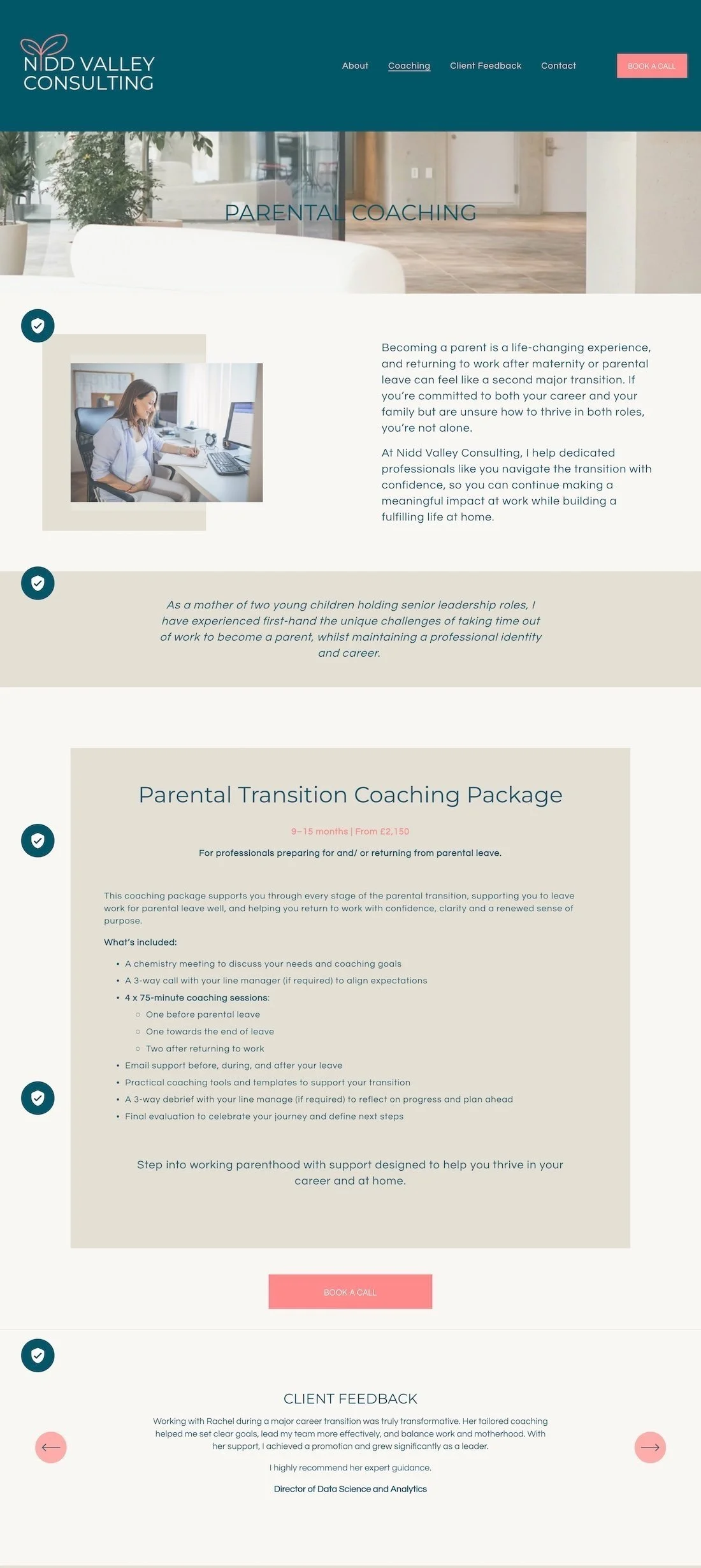 Screenshot of the Nidd Valley Consulting website homepage focusing on parental coaching services. Includes navigation menu, a 'Book a Call' button, an image of a woman working on a computer, paragraphs describing coaching packages, and client feedback.