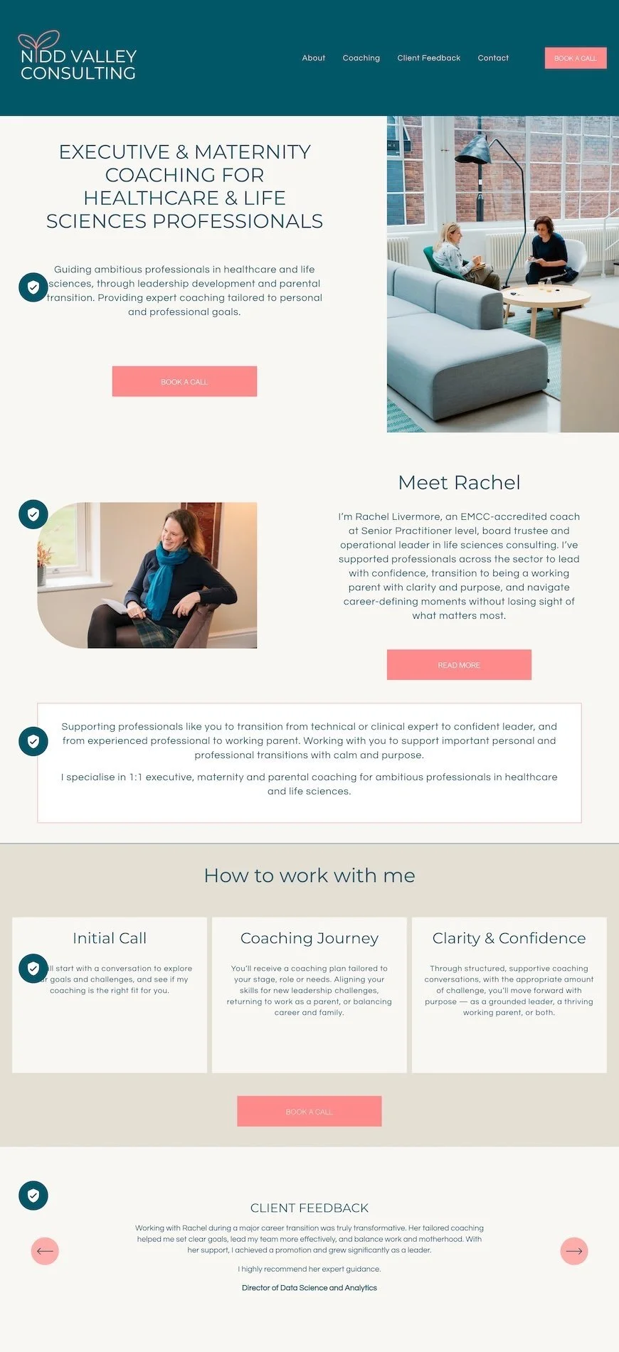 Homepage of NID Valley Consulting website featuring coaching services for healthcare and life sciences professionals, with images of two women in a consultation setting, and sections about coaching programs and client feedback.