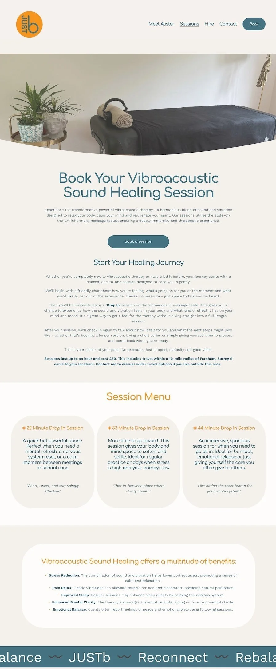 A webpage advertising vibroacoustic sound healing sessions, featuring a room with a massage table, a towel, a headphone, potted plants, and decorative elements.