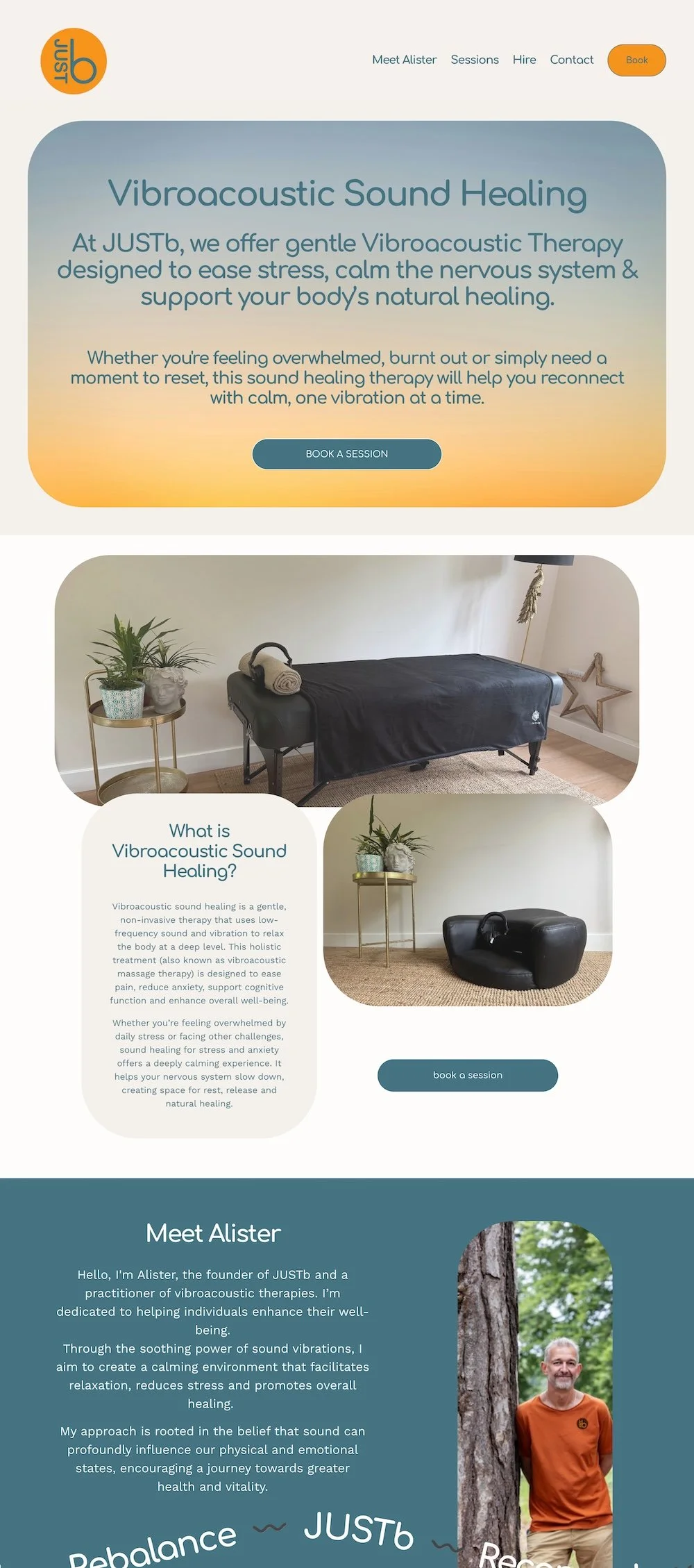 A website homepage for vibroacoustic sound healing at JUSTb, with sections about the therapy and a photo of a massage table and a lounge chair.