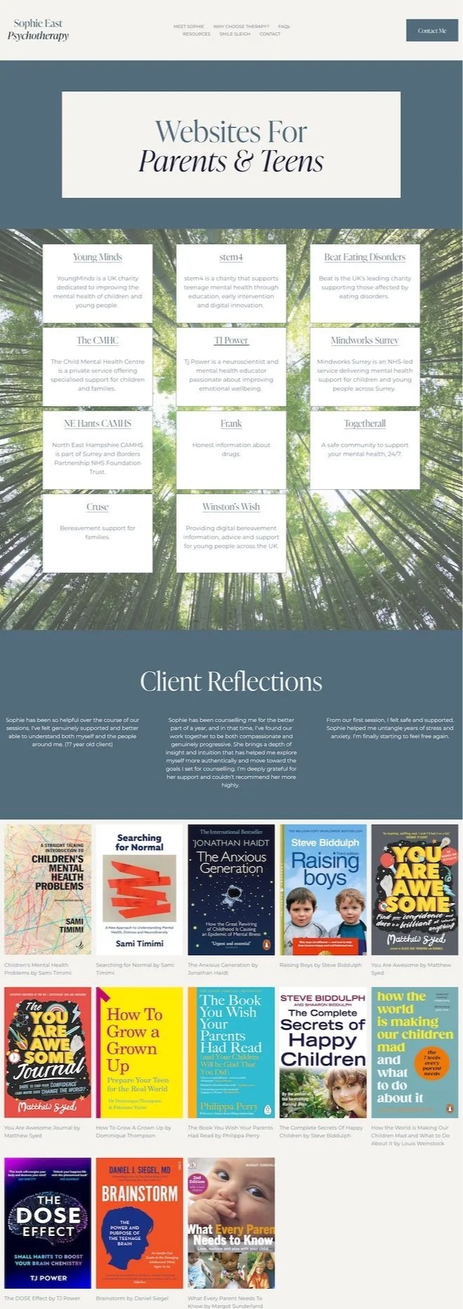 A webpage for Sophie East Psychotherapy offering resources for parents and teens, featuring book recommendations on mental health and parenting, and client testimonials.