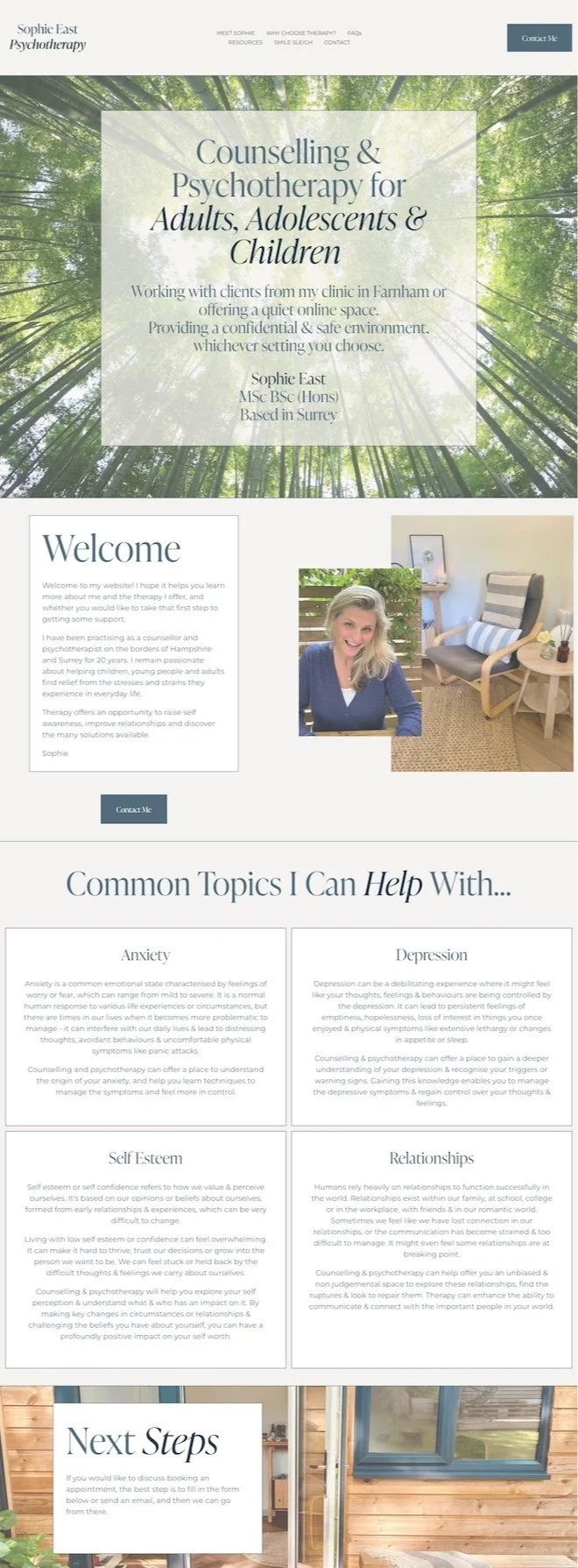 A screenshot of a psychotherapy website with sections about counseling services for adults, adolescents, and children, including a welcome message, photos of a smiling woman in a cozy office, and information on topics like anxiety, depression, self-esteem, and relationships.