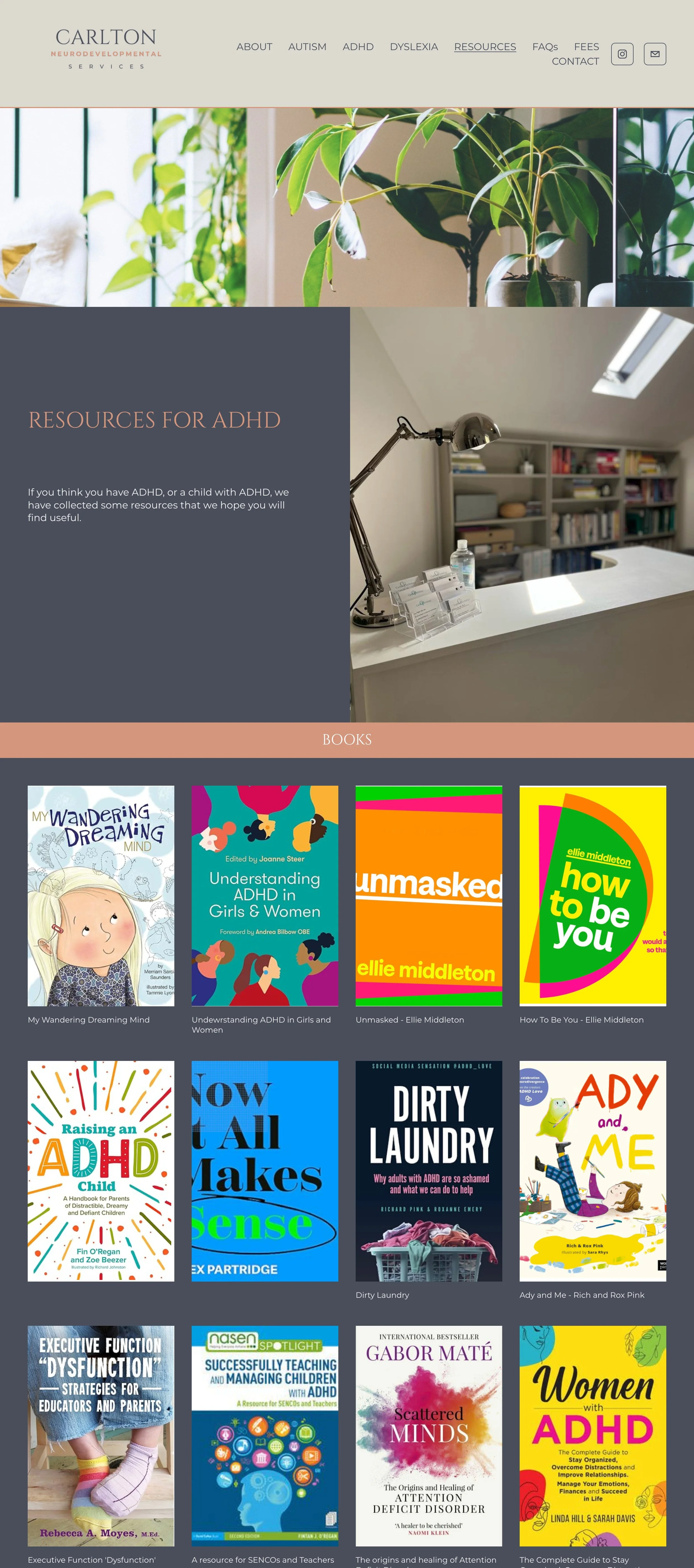 Screenshot of a website page titled 'Resources for ADHD' from Carlton Neurodevelopmental Services, featuring a navigation menu, a large image of a plant, and a section displaying multiple books related to ADHD.