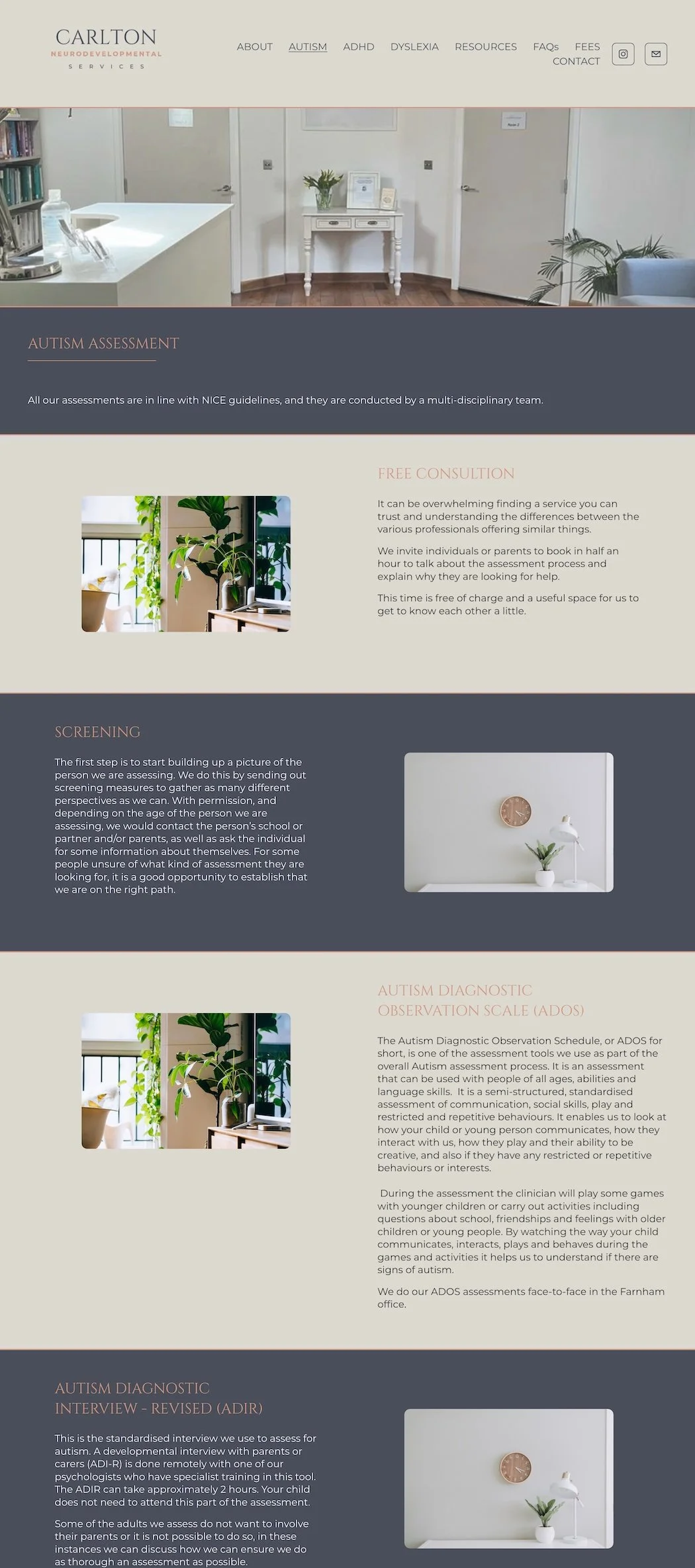 Screenshot of an autism assessment website showing clinic reception with white desk, bookshelves, plants, and closed doors, with sections outlining assessment procedures for autism diagnosis.