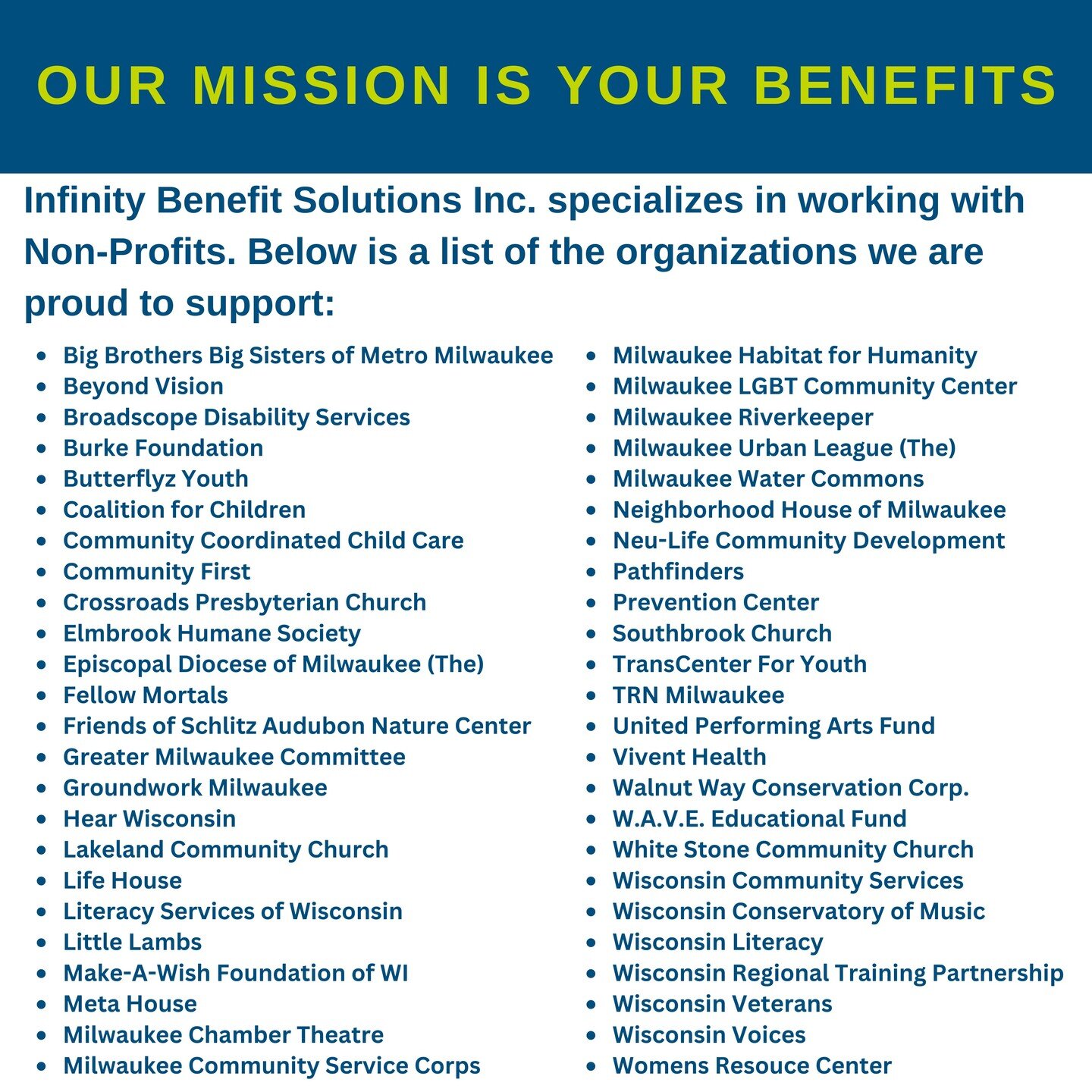 In 2023, Infinity Benefit Solutions worked with over 40 non-profit partners. We take pride in backing the meaningful initiatives they undertake in our community and are thrilled to express our continued support as we enter the new year.

@bbbsmke @be
