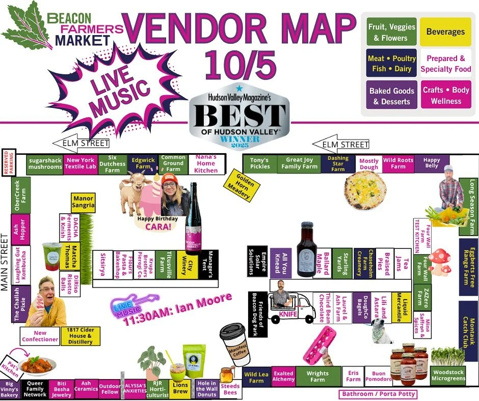 🛍️🥬 Presenting: The Market Map for 10/5 with 70 vendor stalls 🗺️👀 + @matchathomas 🍵 @starlingyards 🧄@citywineryhv with BFM wine🍷 + @riverstonesharpening 🔪 + Happy early Birthday to our 🐐🧀 gal, Cara!

🎵 @ianmooreplaysfiddle 🎙️ 

Come eat, 