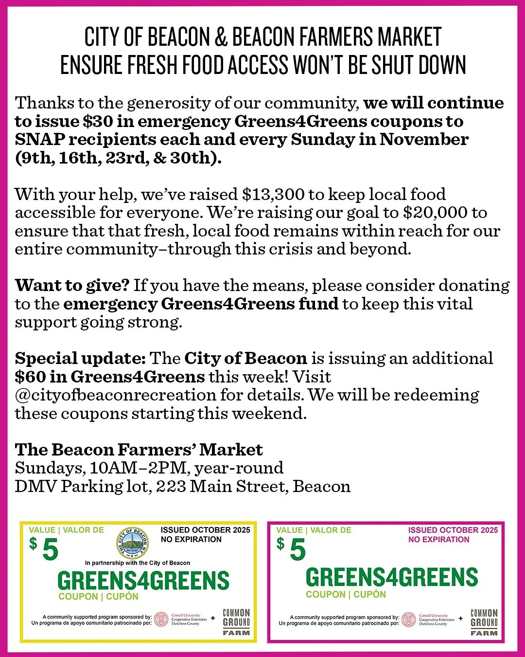 CITY OF BEACON &amp; BEACON FARMERS MARKET ENSURE FRESH FOOD ACCESS WON&rsquo;T BE SHUT DOWN 💪 

✨ Special update: The City of Beacon is issuing $60 in Greens4Greens this week, as one of three grocery options for SNAP users! Visit @cityofbeaconrecre