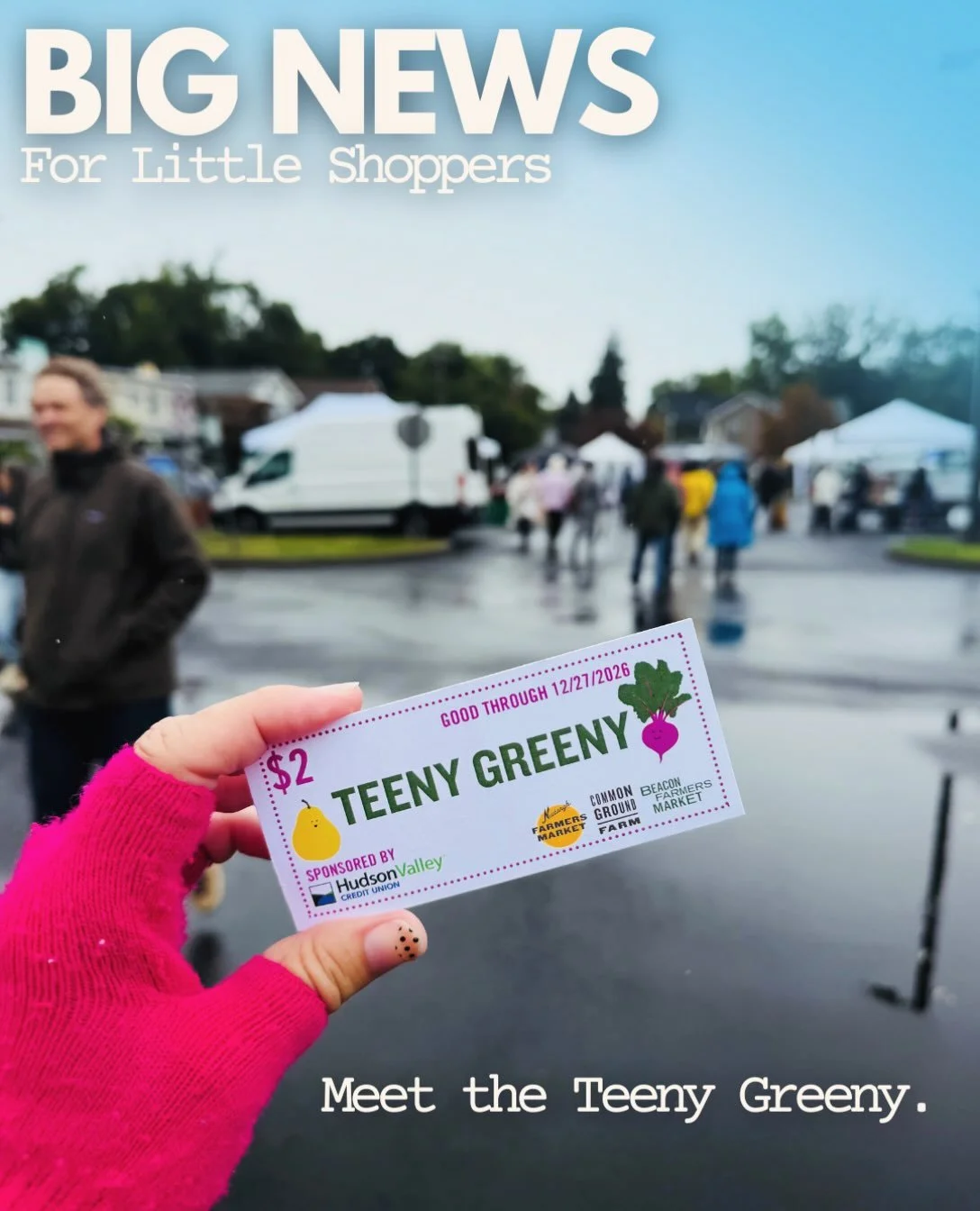 BIG NEWS. FOR LITTLE SHOPPERS. 💚

Meet the TEENY GREENY. 🥰
An itsy-bitsy market currency made just for kids.

Beginning October 4 &mdash; kids visiting the @beaconfarmersmarket can stop by the Manager&rsquo;s Tent and receive $4 in Teeny Greenies &