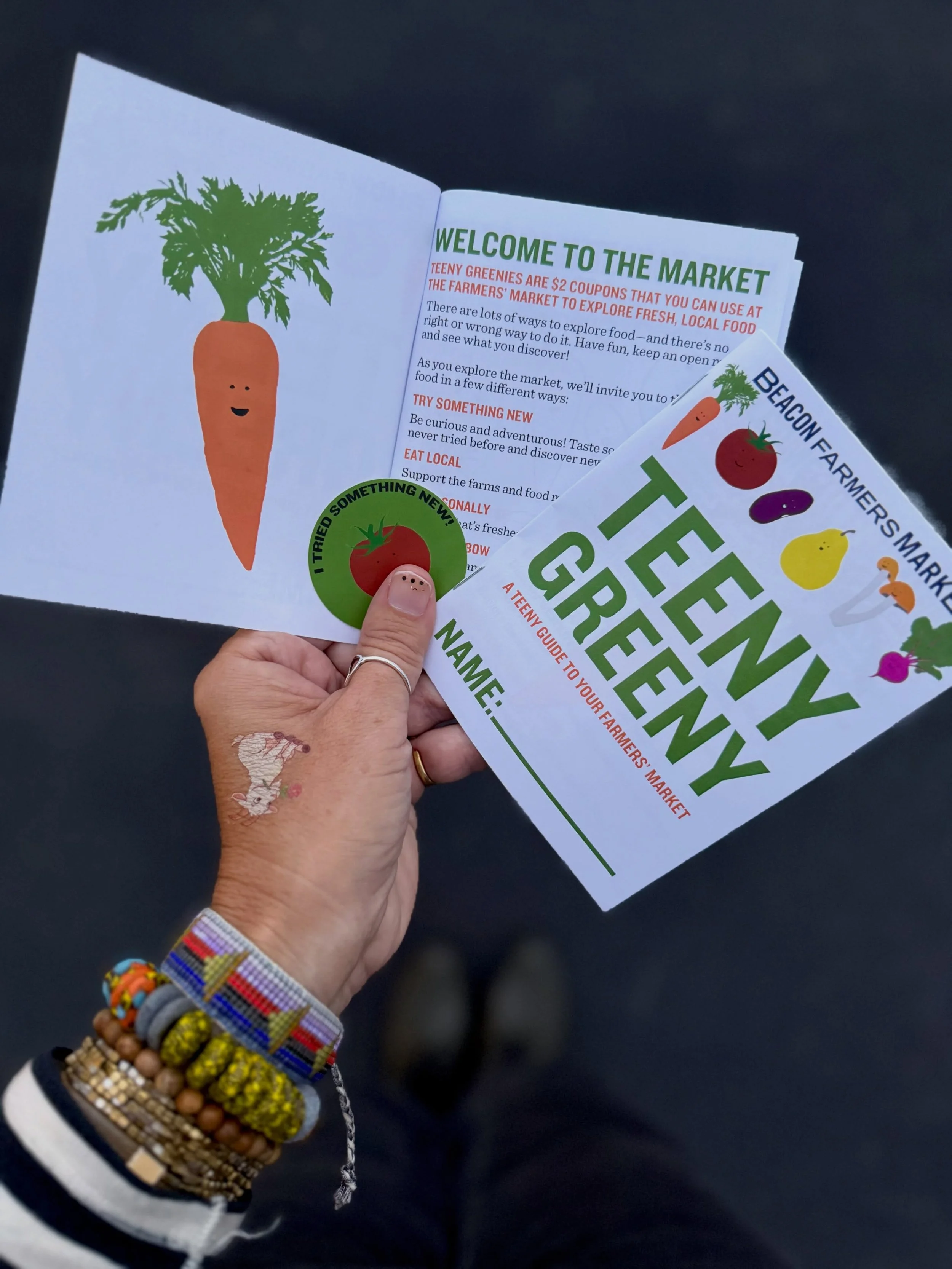SNEAK PEEK 👀🥕💚 Coming to a market near you &mdash; ours!! @beaconfarmersmarket 

Kids get their own little market booklet &mdash; filled with so much good stuff 🤩 &mdash; along with their Teeny Greenies this Sunday. 

We. Are. So. Excited.