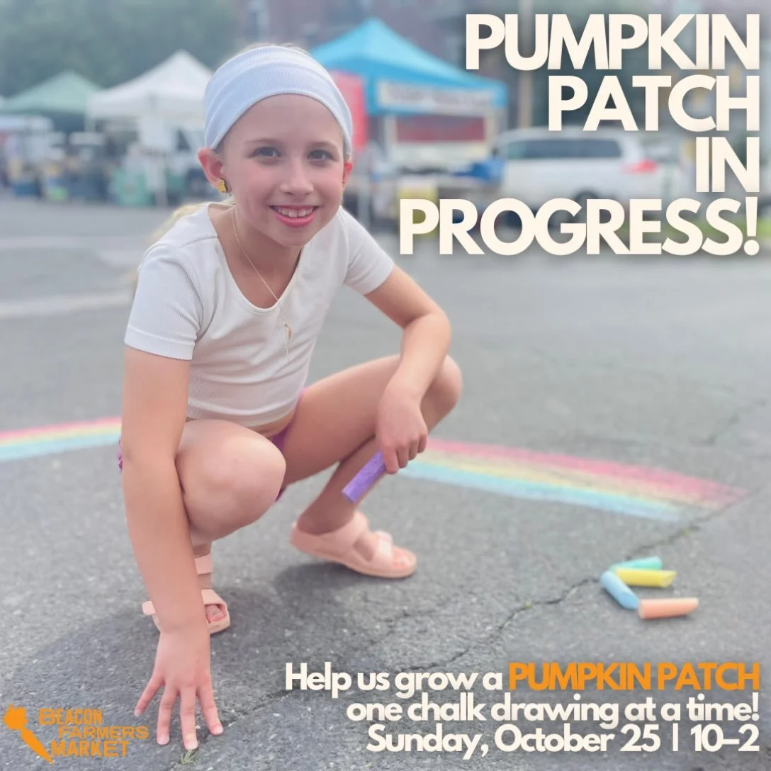 Big pumpkins, little pumpkins, silly pumpkins, spooky pumpkins, polka-dotted pumpkins &mdash; whatever your imagination dreams up!

Kids AND grown-ups are invited to help turn a little patch of market pavement into a colorful pumpkin patch, one drawi