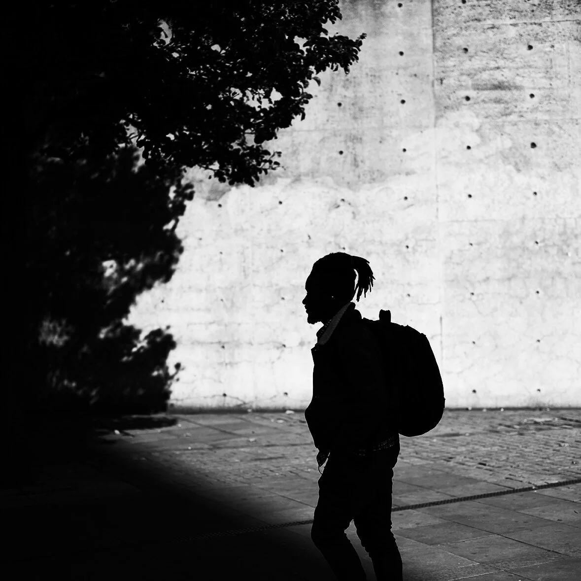 Silhouette of a person with dreadlocks and a backpack walking past a wall with a tree in the foreground.