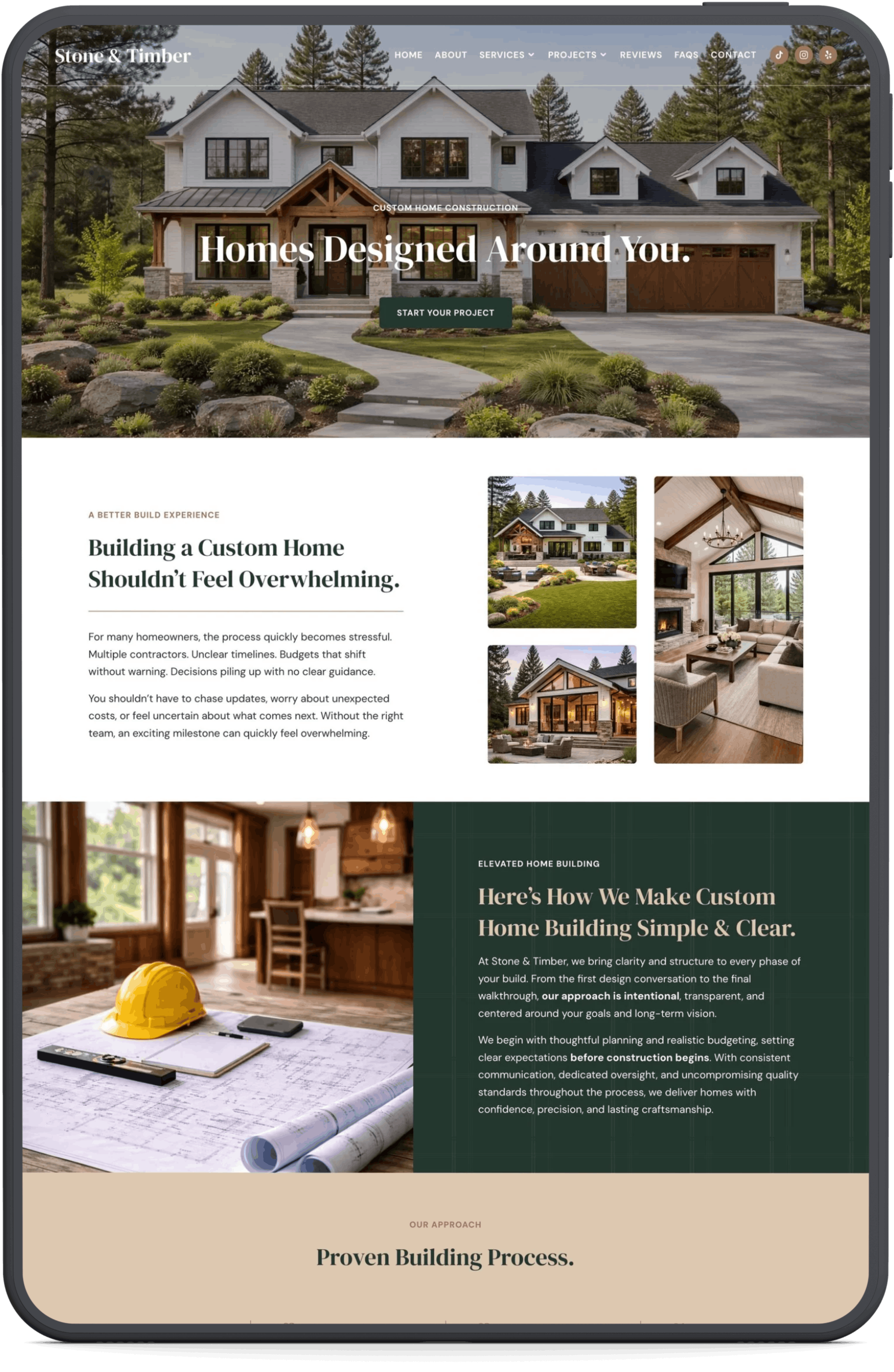 Screenshot of a website for Stone & Timber showcasing various pages about custom home building, including images of a modern house exterior, interior living space, architectural plans, and construction elements.