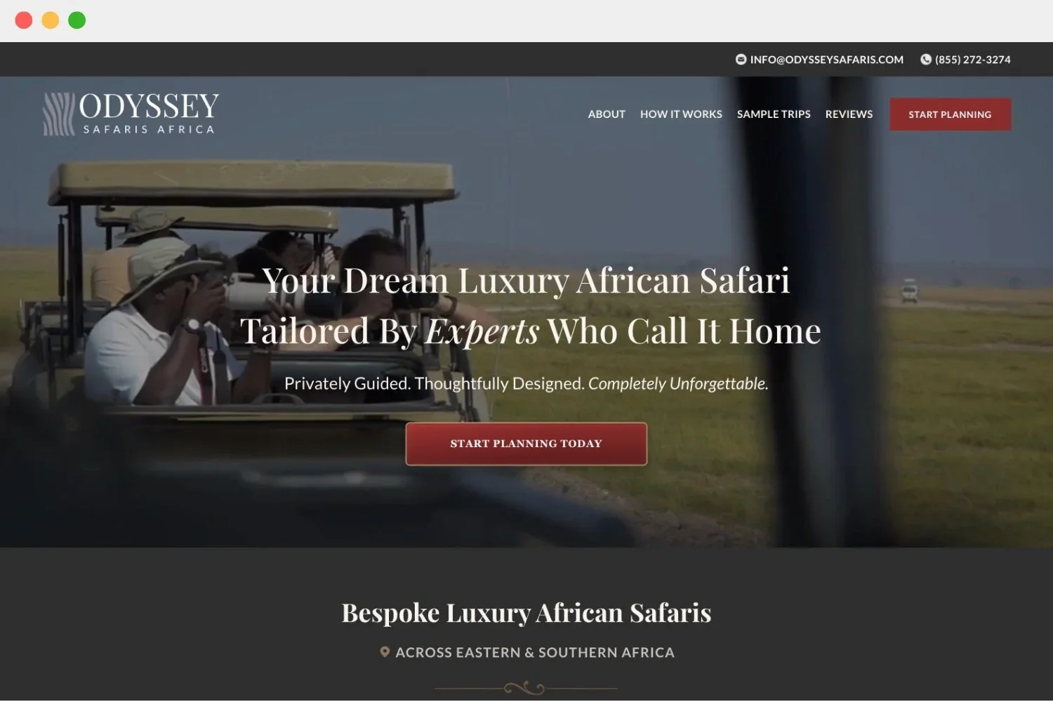 Website homepage for Odyssey Safaris Africa featuring an image of tourists riding in a safari vehicle and binoculars, with navigation links, a call to action button, and a headline promoting luxury African safaris.
