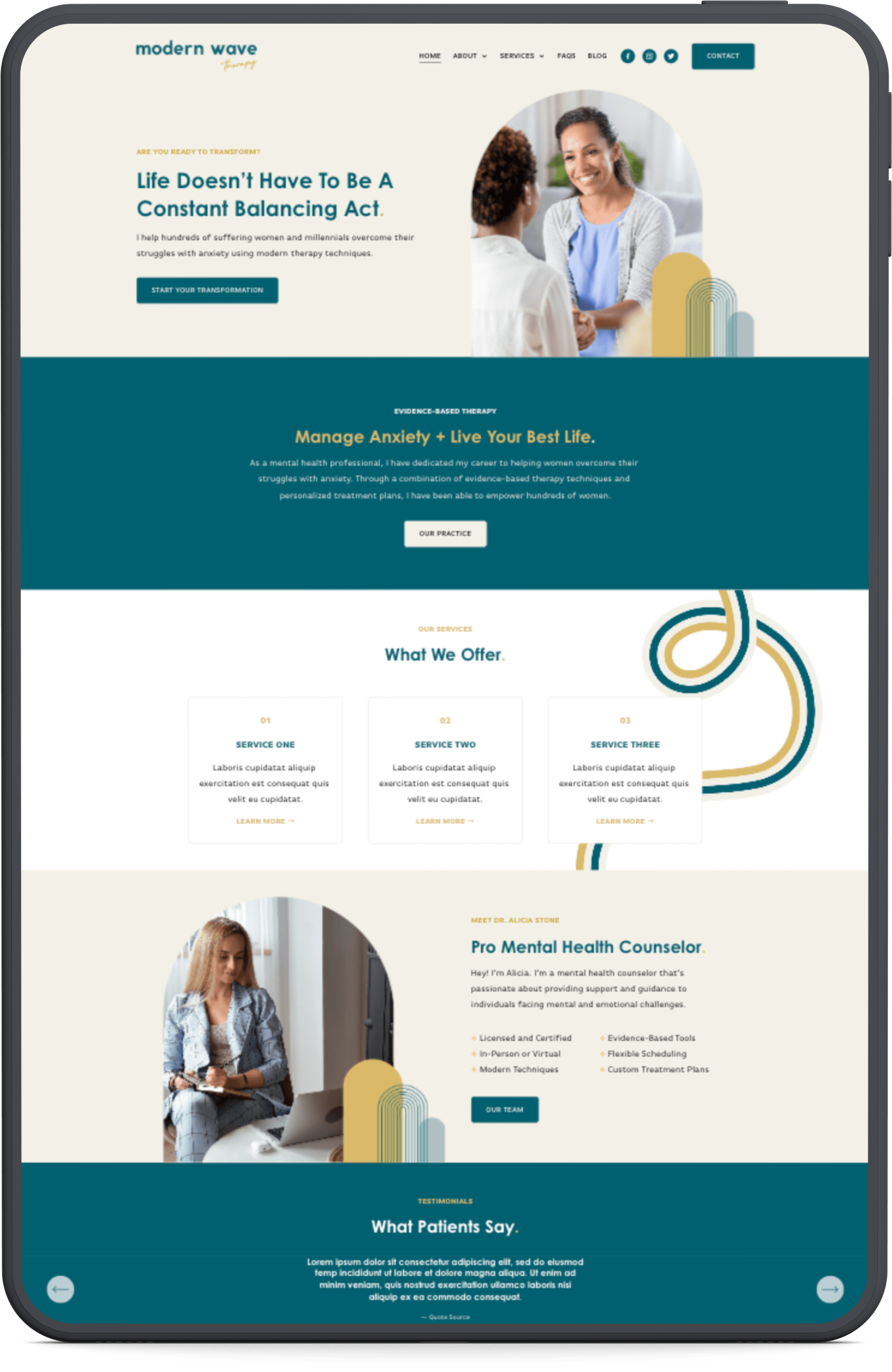 Screenshot of a mental health therapy website with a header, navigation, main content sections featuring images of women, text about therapy services, and subscription and testimonial sections.