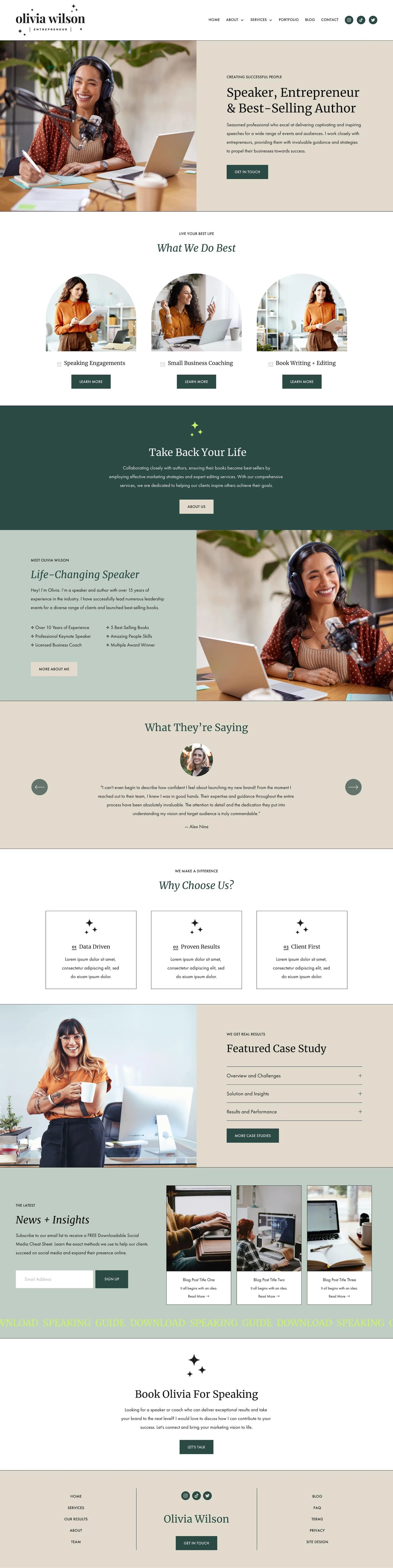 Website homepage of Olivia Wilson, a speaker, entrepreneur, and best-selling author, featuring images of smiling women working at desks, sections detailing services like speaking engagements, coaching, book writing, client testimonials, case studies, news updates, and a call-to-action to learn more about her speaking services.