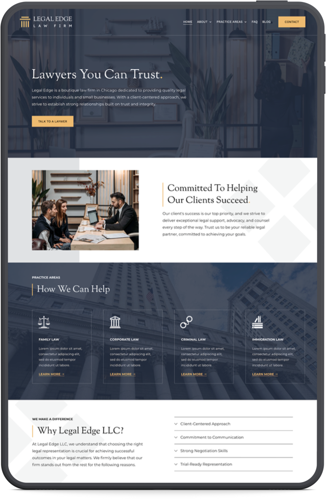 Homepage of Legal Edge Law Firm's website featuring sections about their legal services, practice areas including family, corporate, criminal, and immigration law, and a call-to-action button to contact the firm.