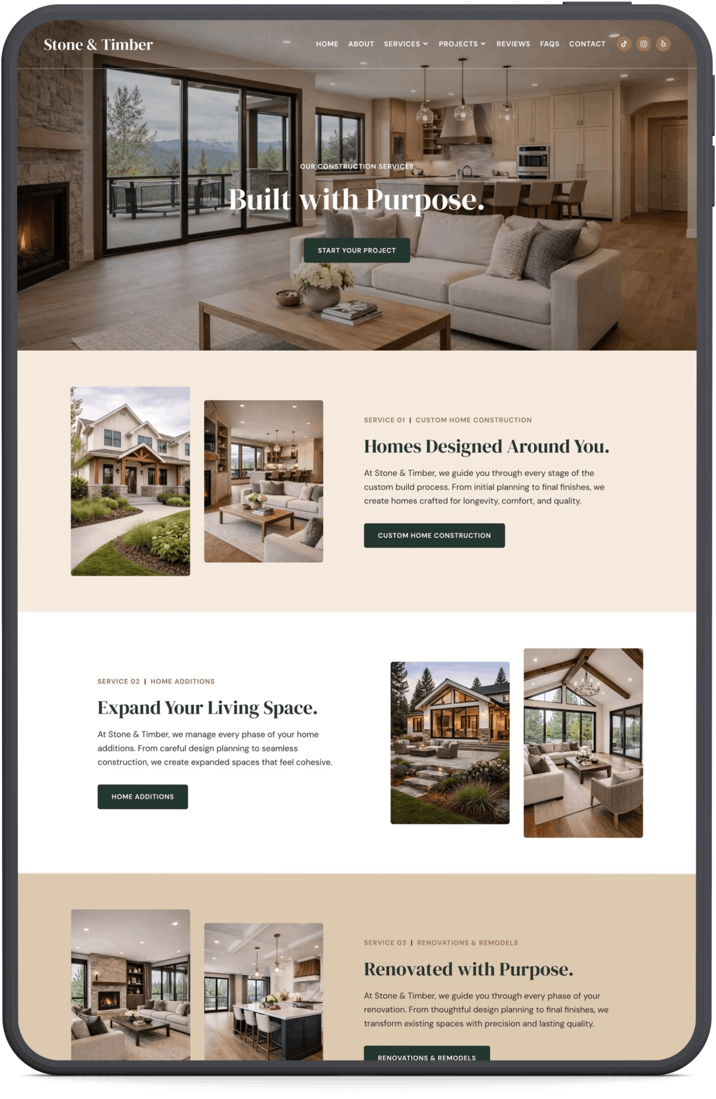 Screenshot of a website homepage for Stone & Timber, a construction and home remodeling company, showing sections about home projects, services, and examples of interior and exterior home designs with images of a living room, house exterior, and renovated interior spaces.