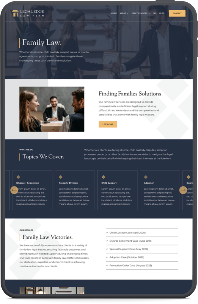 Screenshot of a legal family law firm website featuring a banner image of a woman and two men shaking hands, with sections on family law services, topics covered, and client success stories.