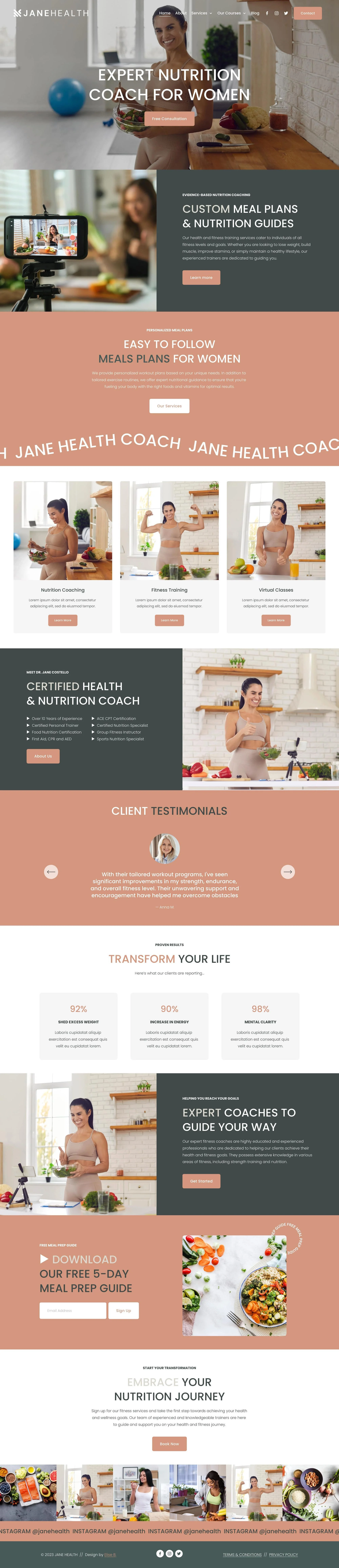 Website homepage for Jane Health, featuring images of women preparing healthy meals in a kitchen, with sections about nutrition coaching, meal plans, client testimonials, and a free meal prep guide.