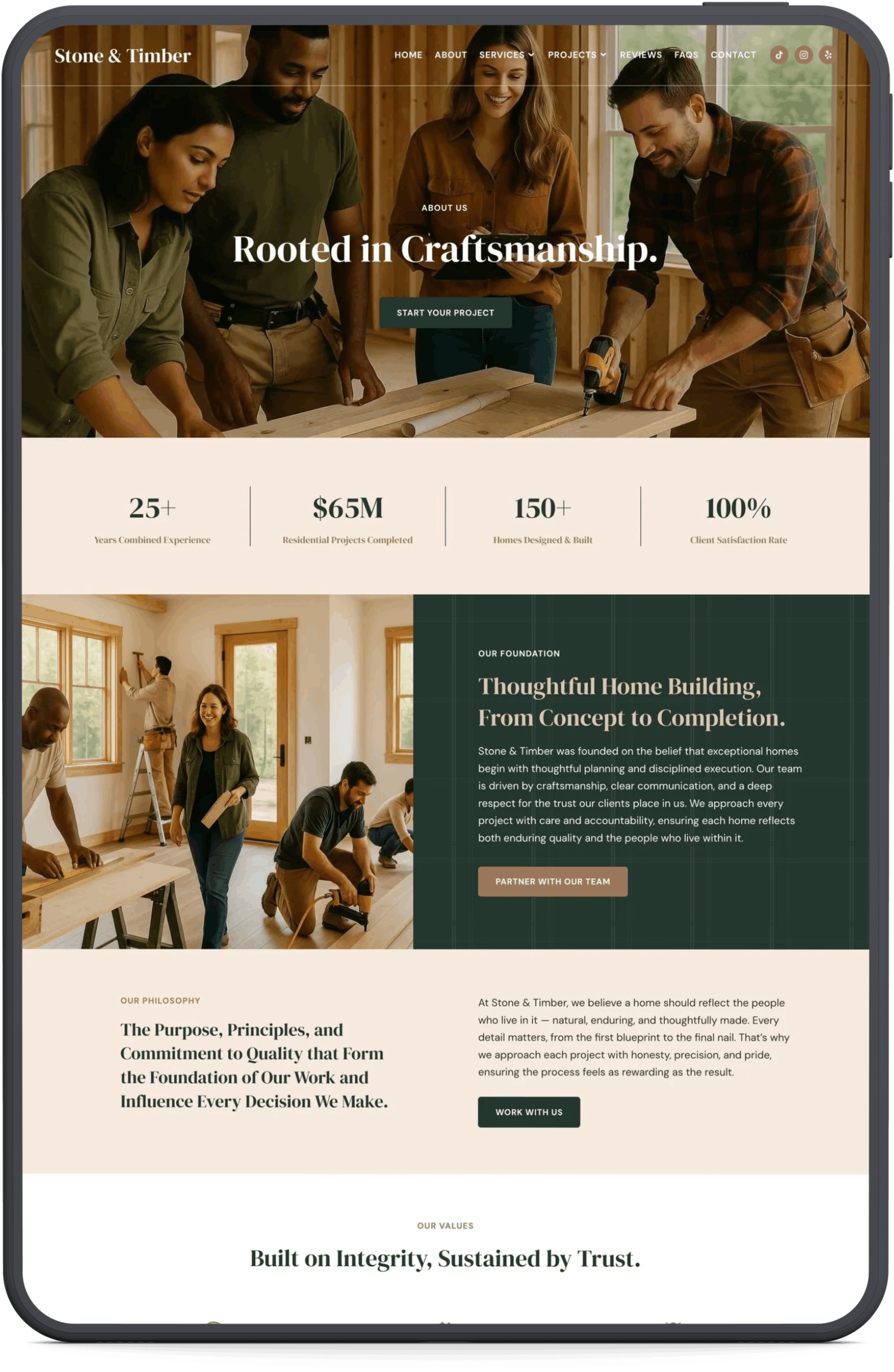 Website homepage for Stone & Timber construction company showcasing a group of people working together on a home construction project inside a partially built wooden house, with text highlighting their experience, projects, and philosophy.
