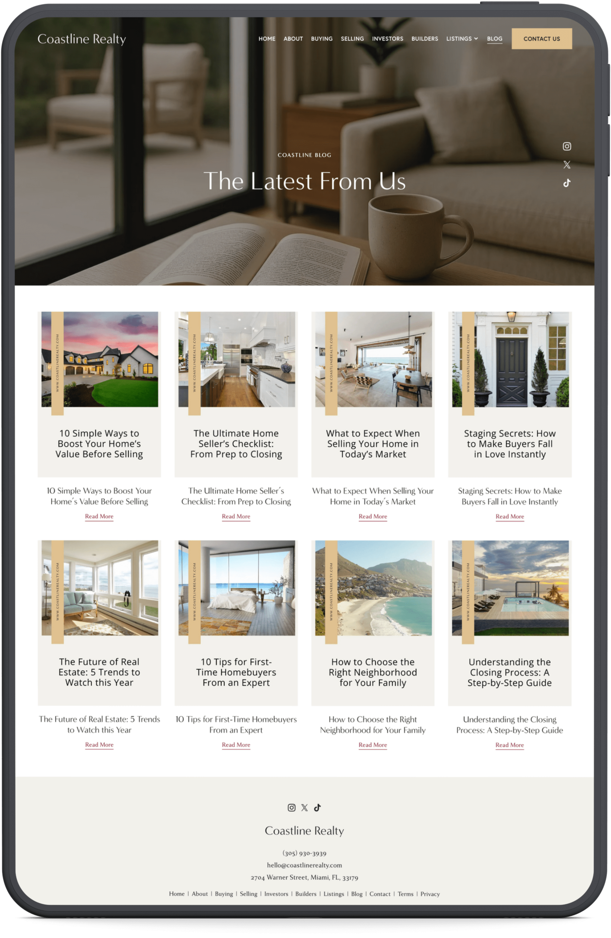 Screenshot of a real estate website homepage for Coastline Realty, displaying a navigation menu, header image with a coffee cup and book, and a grid of property-related blog articles with images and titles.