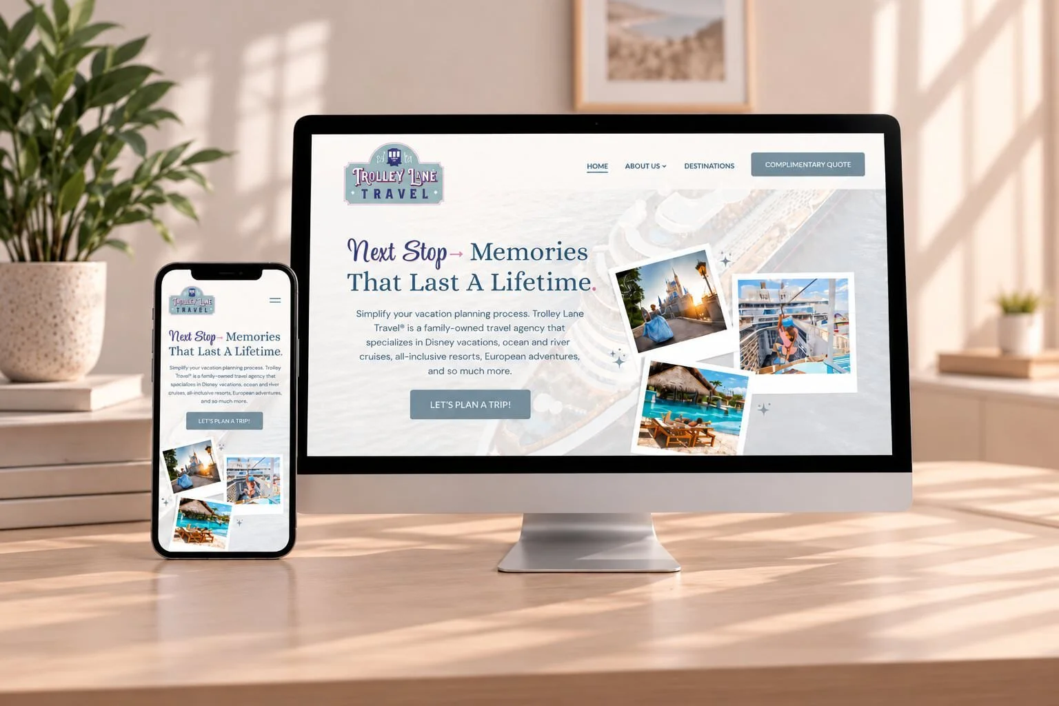 Custom Squarespace website design and SEO services by Websites by Elise, featuring a responsive travel agency website displayed on desktop and mobile devices.