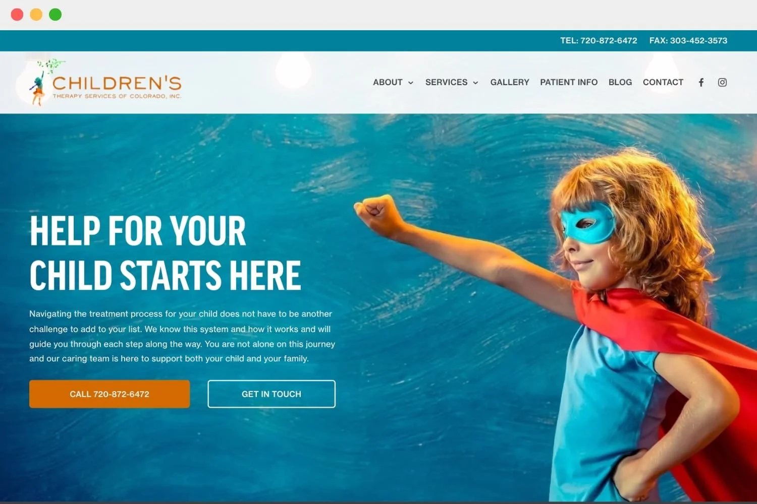 Children’s Therapy Services of Colorado website homepage featuring a child in a superhero costume and treatment-support message