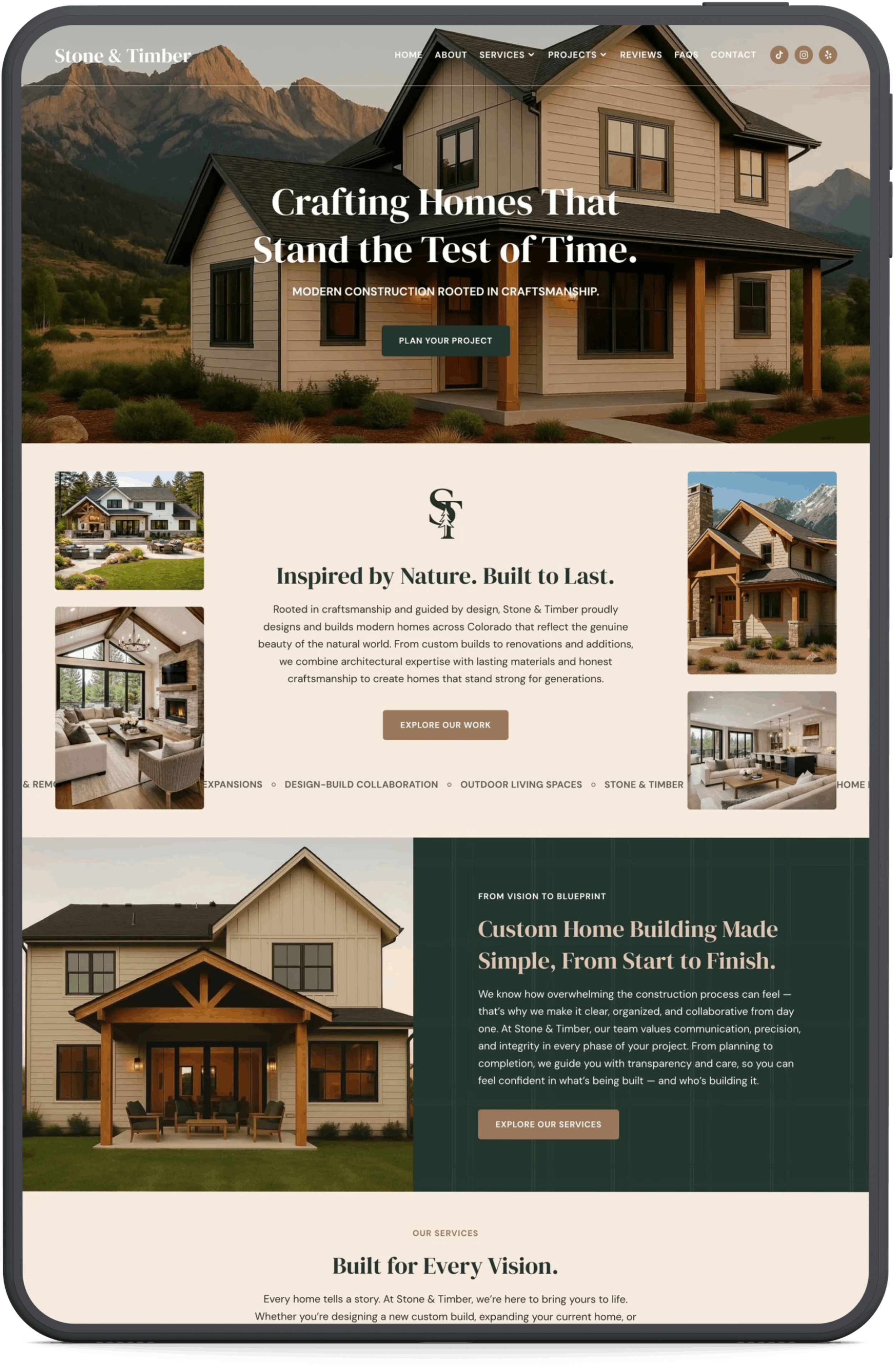Homepage of a home construction company's website, showcasing various modern homes and their services, with scenic mountain backgrounds and a focus on craftsmanship and design.