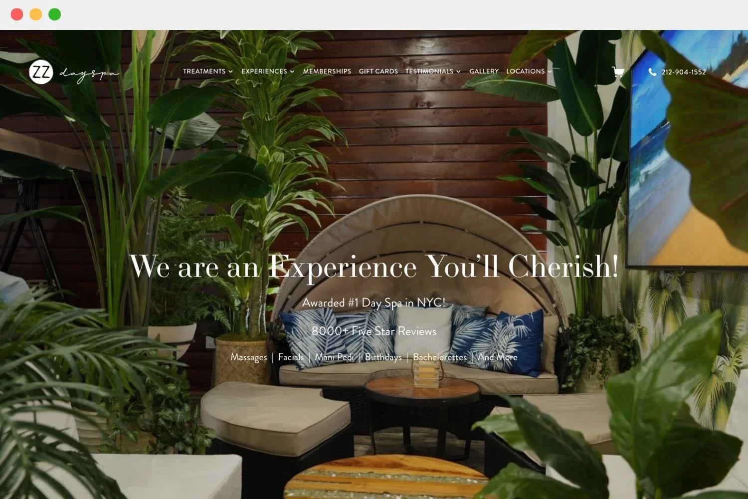 Day Spa website homepage showing a lush tropical lounge with a curved sofa, plants, and promotional text