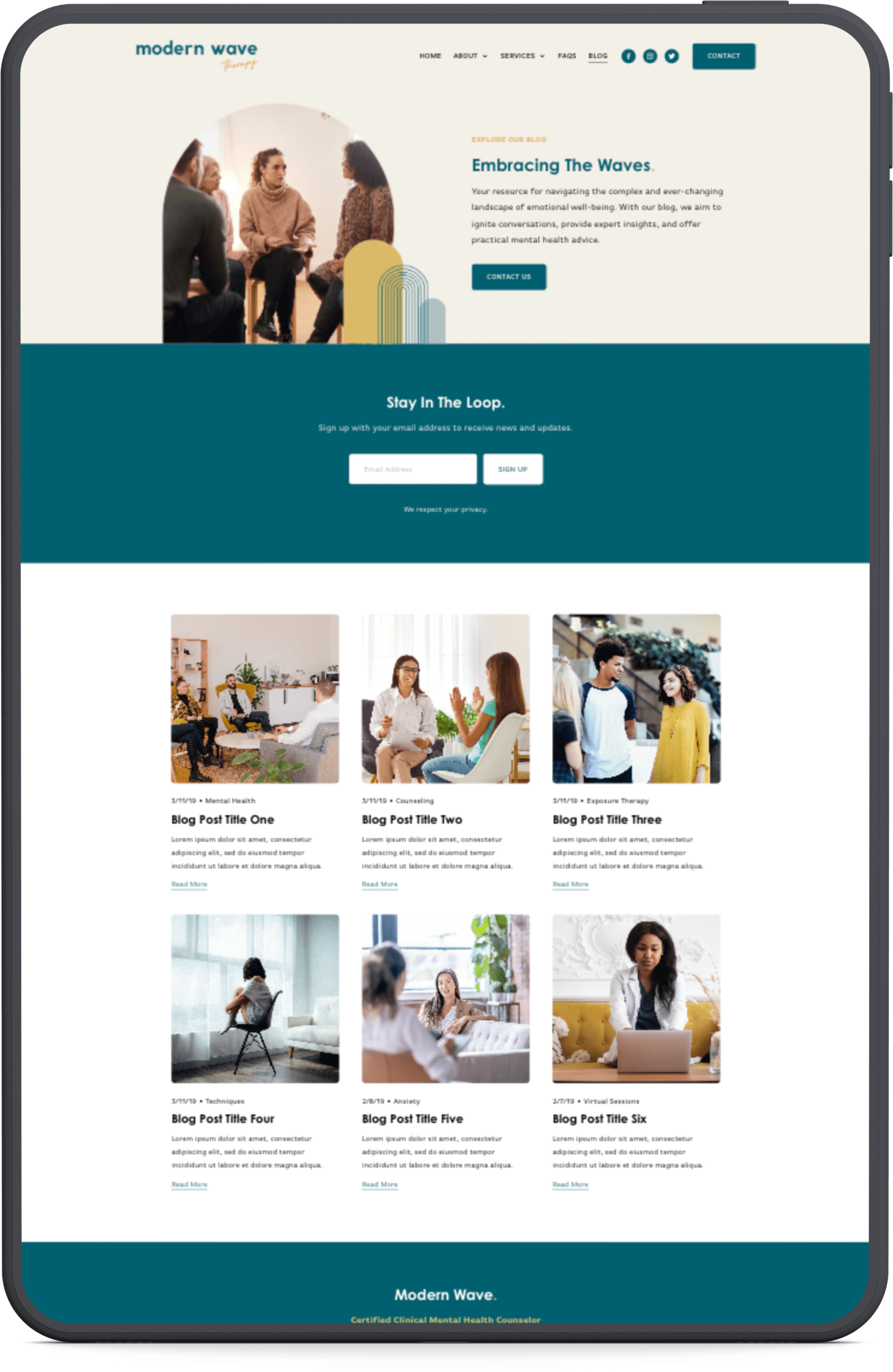 Screenshot of a mental health counseling website titled 'Modern Wave'. The homepage features a header with navigation, a section 'Embracing The Waves' explaining mental health support, and a sign-up form for newsletters. The site showcases images and titles of blog posts related to mental health topics.