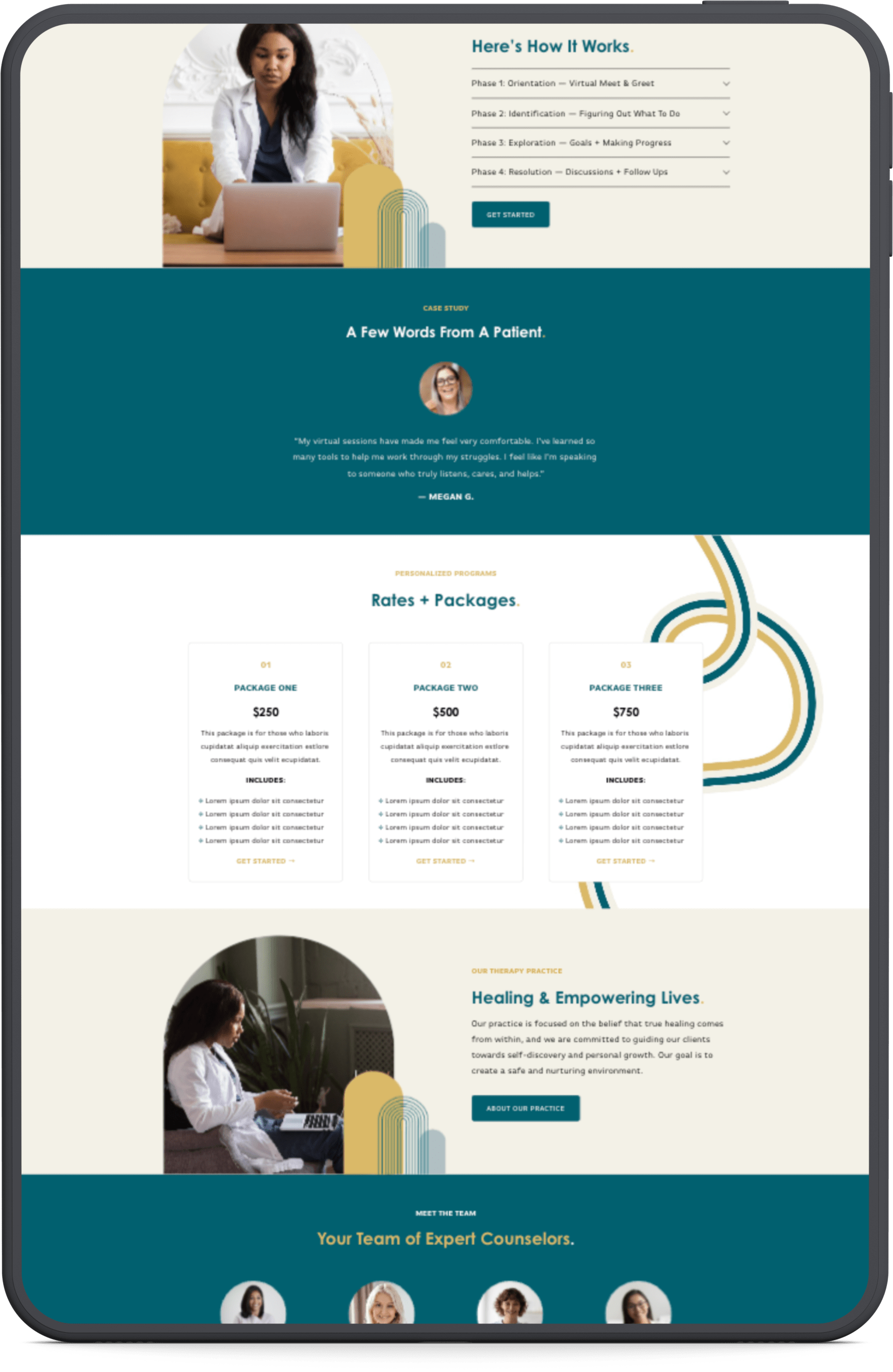 Screenshot of a website homepage for a therapy or counseling practice, featuring images of a woman in a white coat working on a laptop, sections about how the service works, patient testimonials, rates and packages, and team members, with a color scheme of teal, cream, and gold accents.