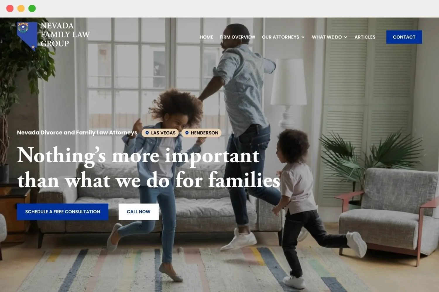 Nevada Family Law Group website homepage featuring a family playing together in a living room
