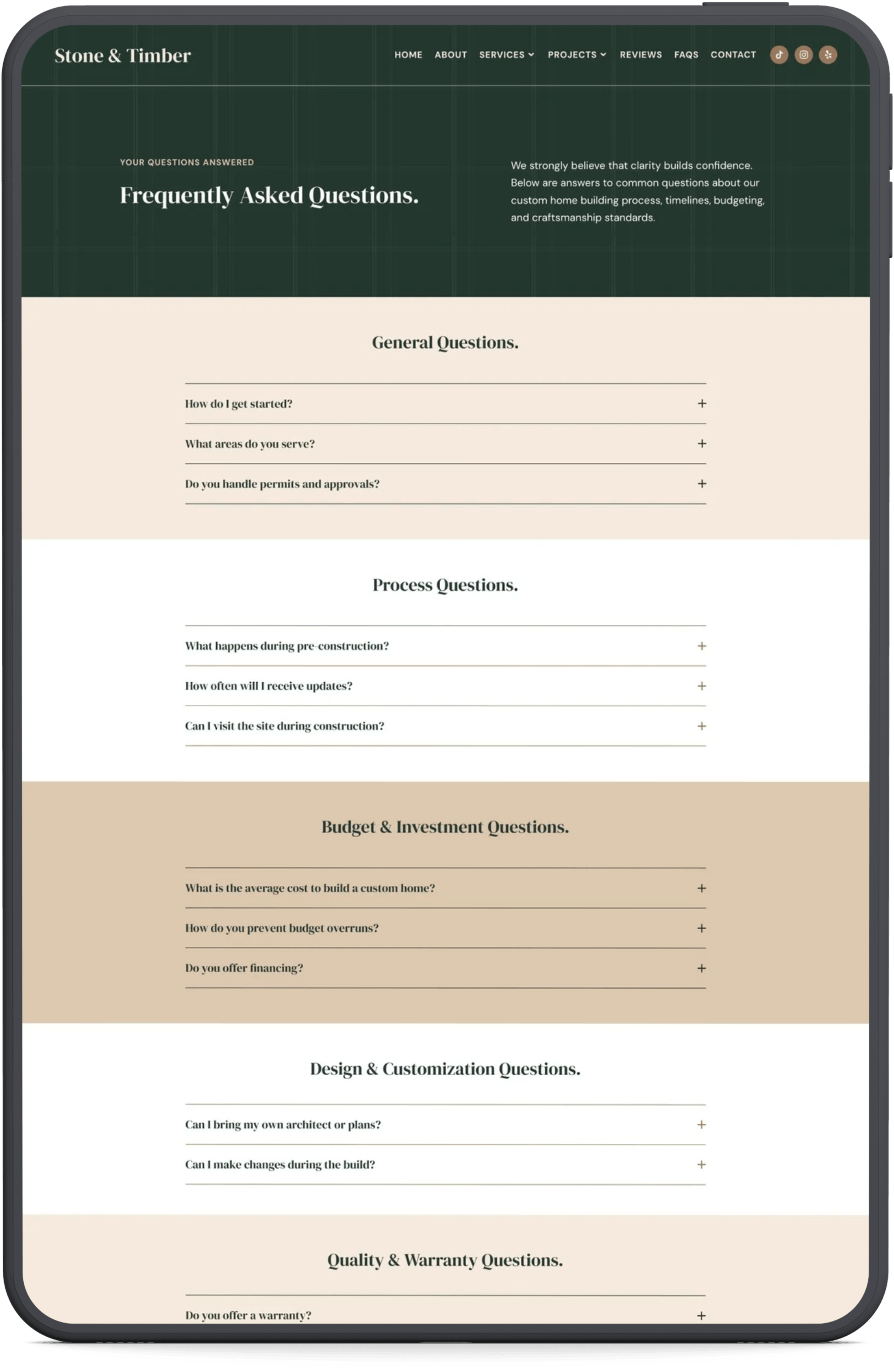 A webpage from Stone & Timber features Frequently Asked Questions, Process Questions, Budget & Investment Questions, Design & Customization Questions, and Quality & Warranty Questions sections, with an overall green and beige color scheme.