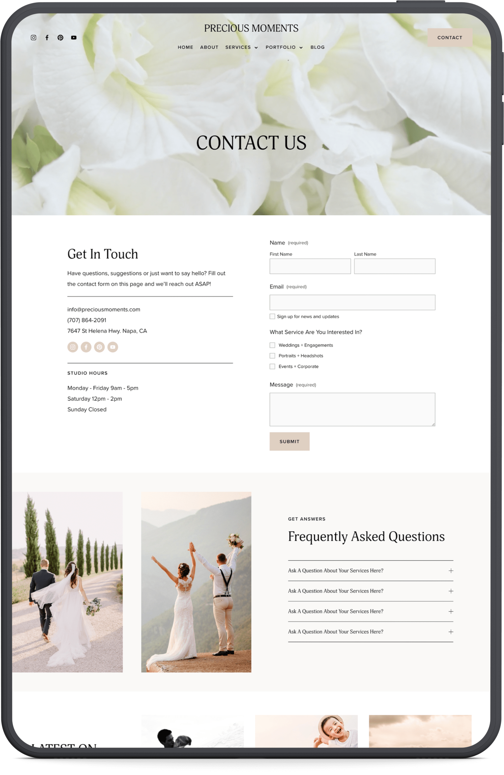 A contact page from a wedding photography website named 'Precious Moments' with a background image of white flowers and a section showing a bride and groom walking outdoors, dressed in wedding attire.