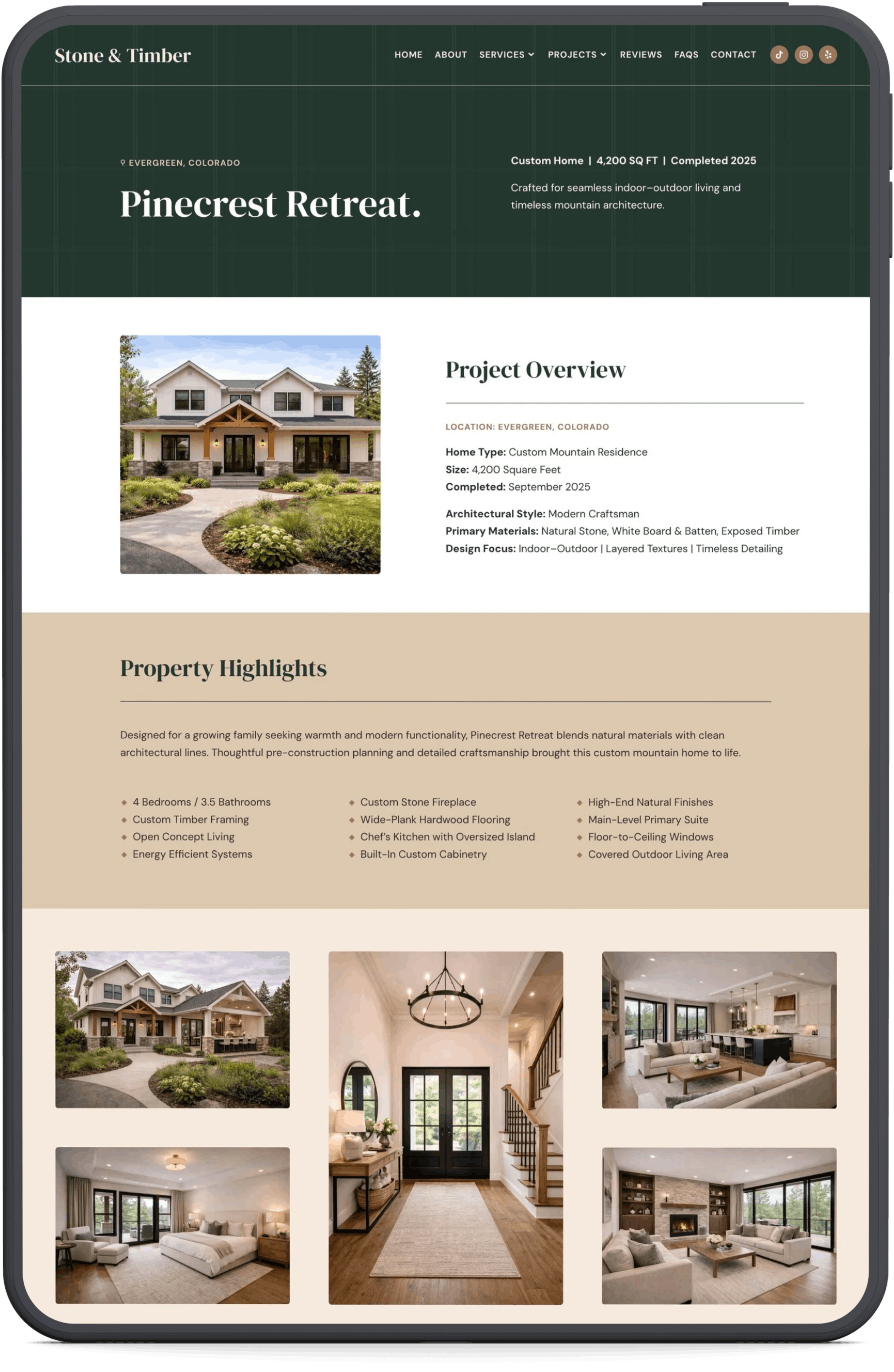 Screenshot of a website showcasing a modern mountain home called Pinecrest Retreat in Evergreen, Colorado. The page includes an image of the house's exterior, project details, property highlights, and interior photos of the home's living spaces.