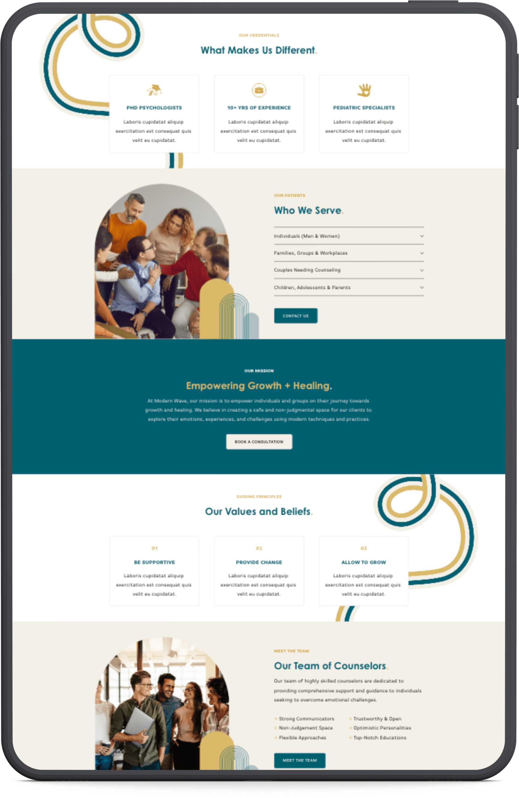 A screenshot of a webpage that features information about a counseling or therapy organization, including sections on their credentials, the groups they serve, their mission, guiding principles, and team of counselors. The webpage has a professional design with images of people collaborating and smiling.