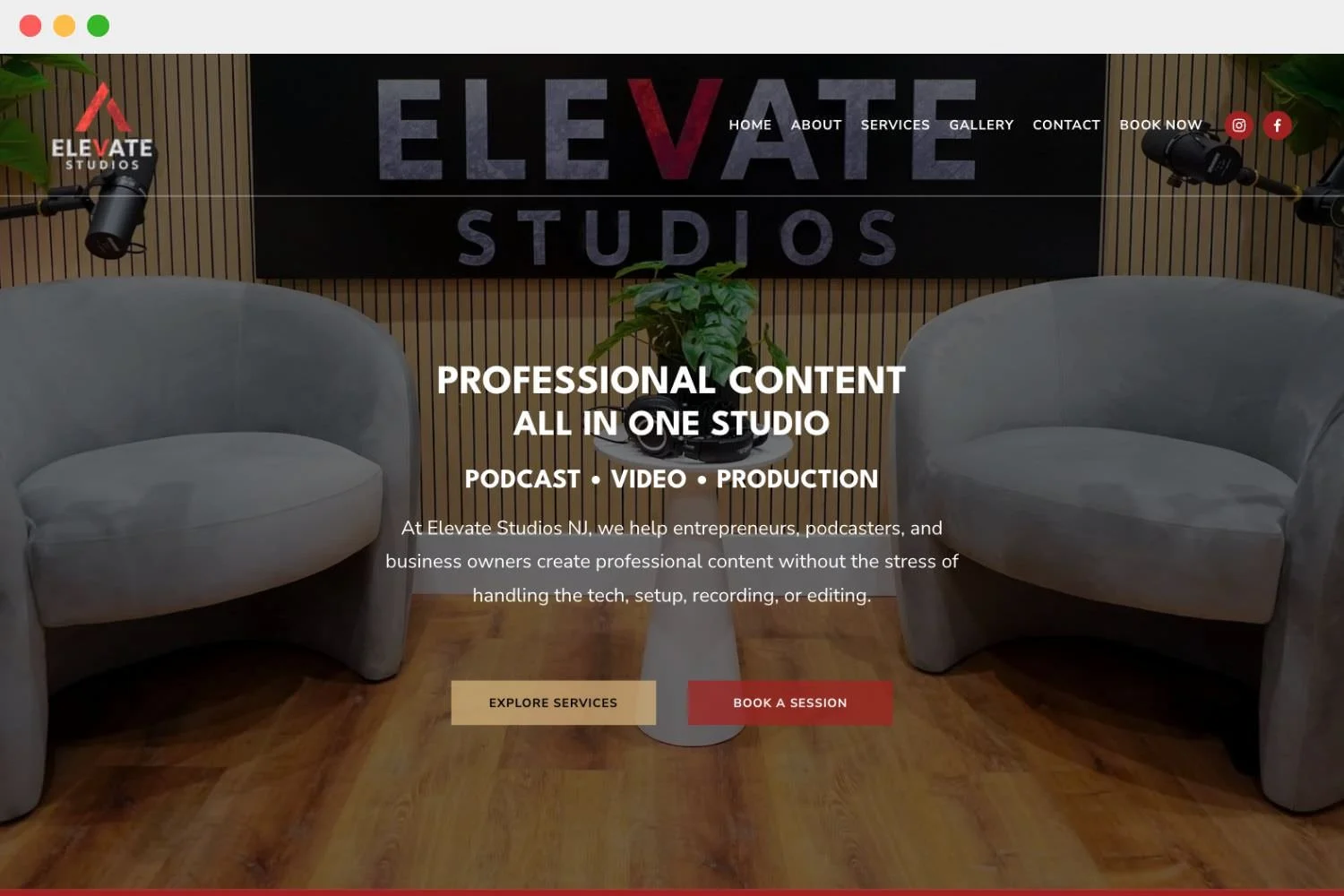Elevate Studios NJ podcast and video production studio website showing a recording set with two armchairs, microphones, and a central table