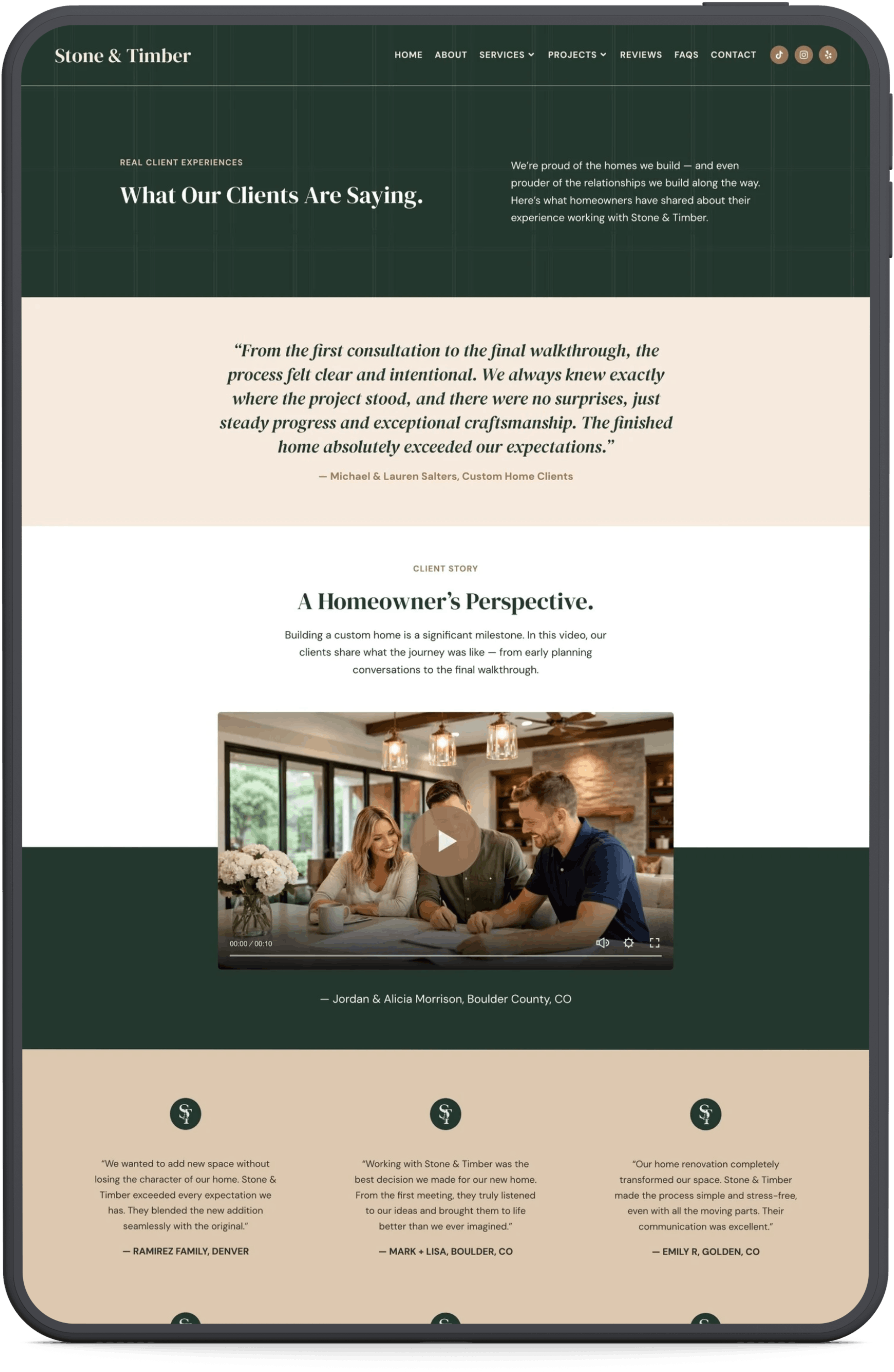 A webpage screenshot of Stone & Timber construction company showing a section titled "What Our Clients Are Saying" with a testimonial quote, a video thumbnail of people in a home, and client reviews from Denver, Boulder, and Golden, Colorado.