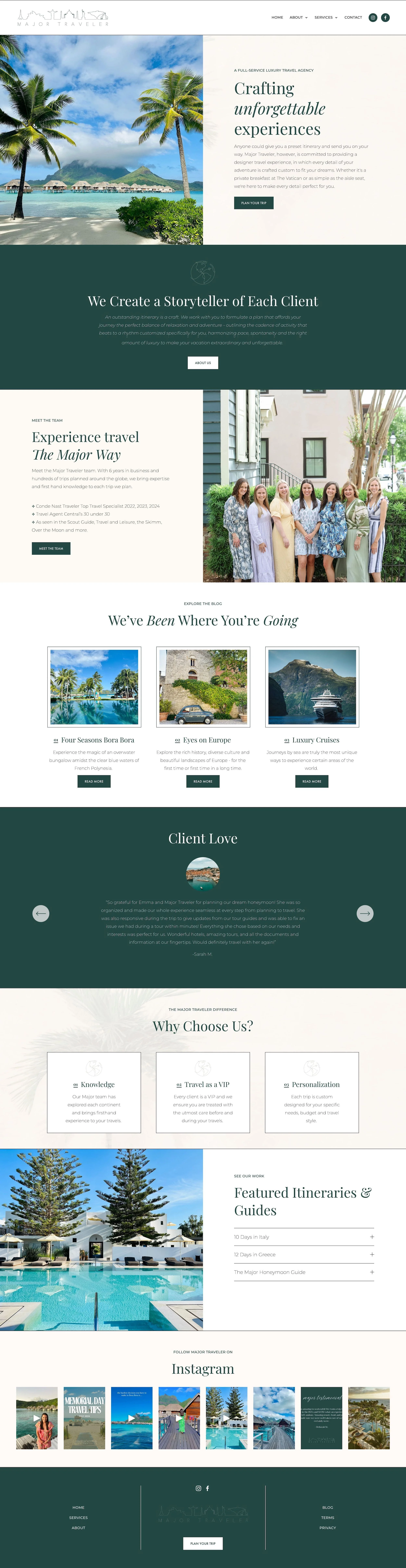 A travel website homepage featuring tropical vacation destinations. The top section shows a beach with palm trees and a mountain in the background. Below, there is a group of women walking outside a building. Further down, there are images of various travel activities like a pool, European sightseeing, and luxury cruises. The page includes sections about client testimonials, reasons to choose the service, and featured itineraries. The footer includes social media links and contact options.