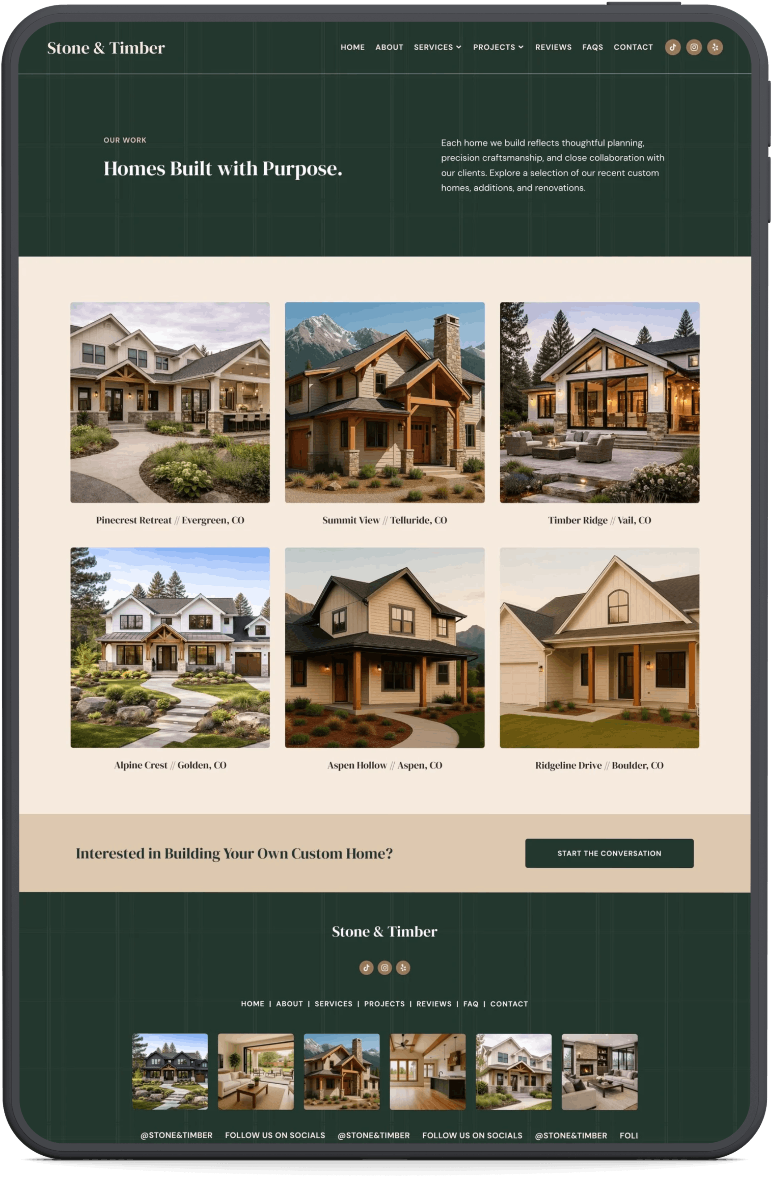 Screenshot of a website homepage for Stone & Timber, a home building company. The page features a header menu with sections such as Home, About, Services, Projects, Reviews, FAQs, and Contact. The main section showcases a statement "Homes Built with Purpose" with introductory text, followed by images of six custom homes with their location labels in Colorado. The bottom segment invites visitors to start a conversation about building a custom home, with social media links and contact info.