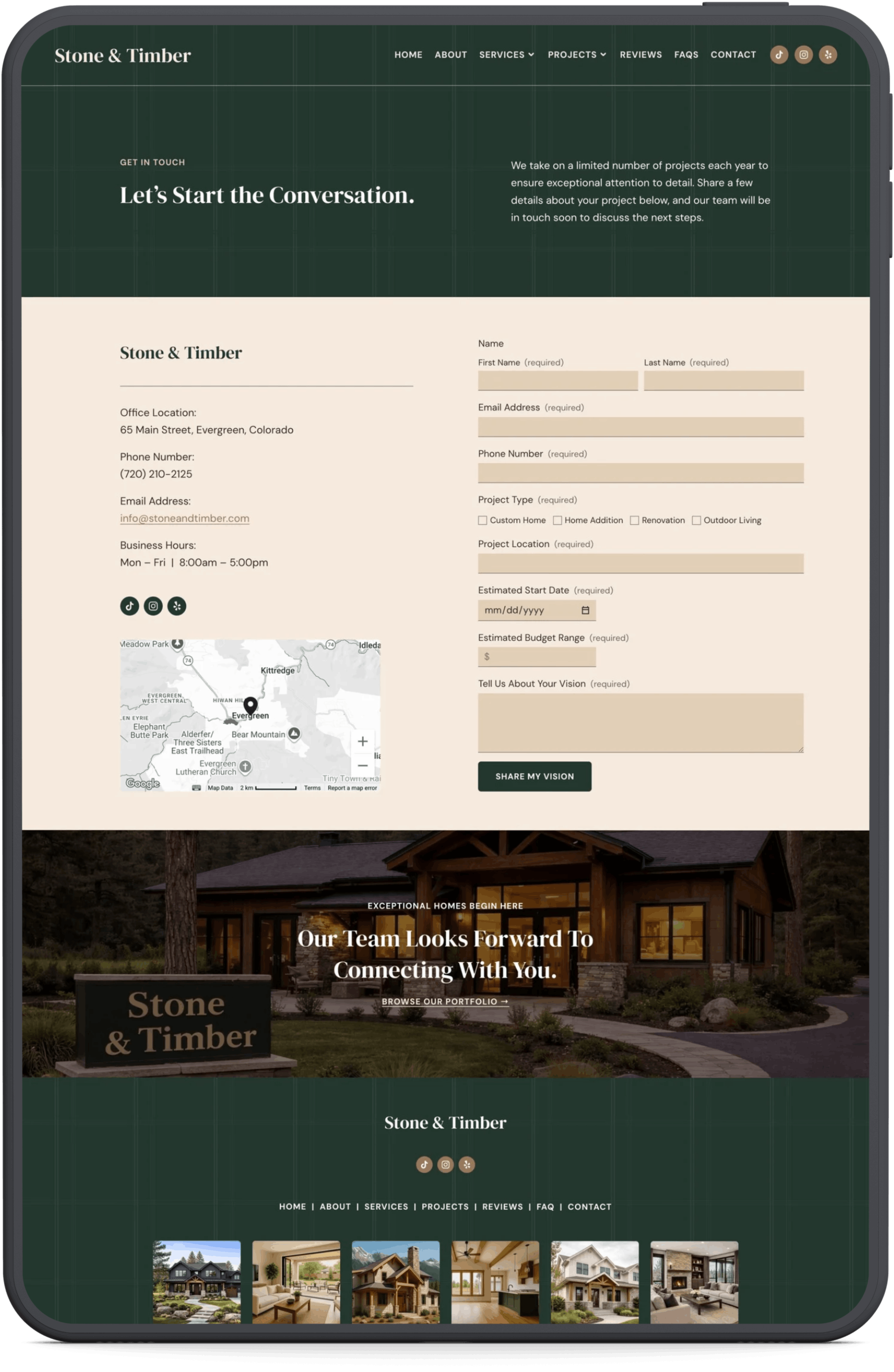 Homepage of Stone & Timber, a home building company with a green and beige color scheme. Features a navigation menu, a contact form, a map, and images of various houses and interior spaces.
