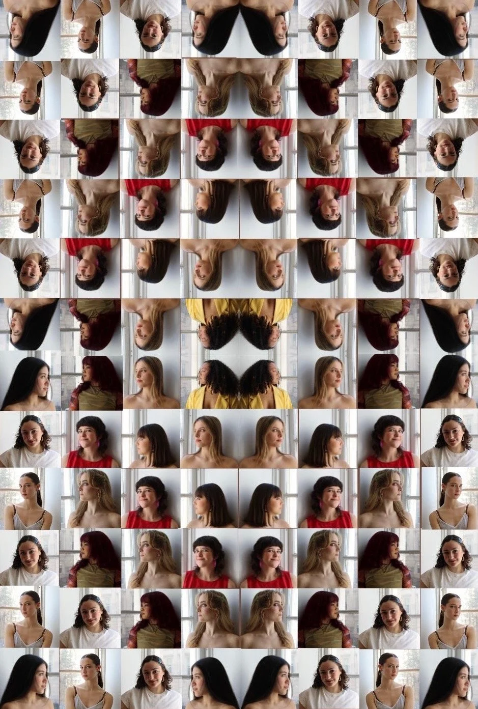 A vertically & horizontally symmetrical mirror image collage of artists' faces looking different directions, resembling a kaleidoscope.