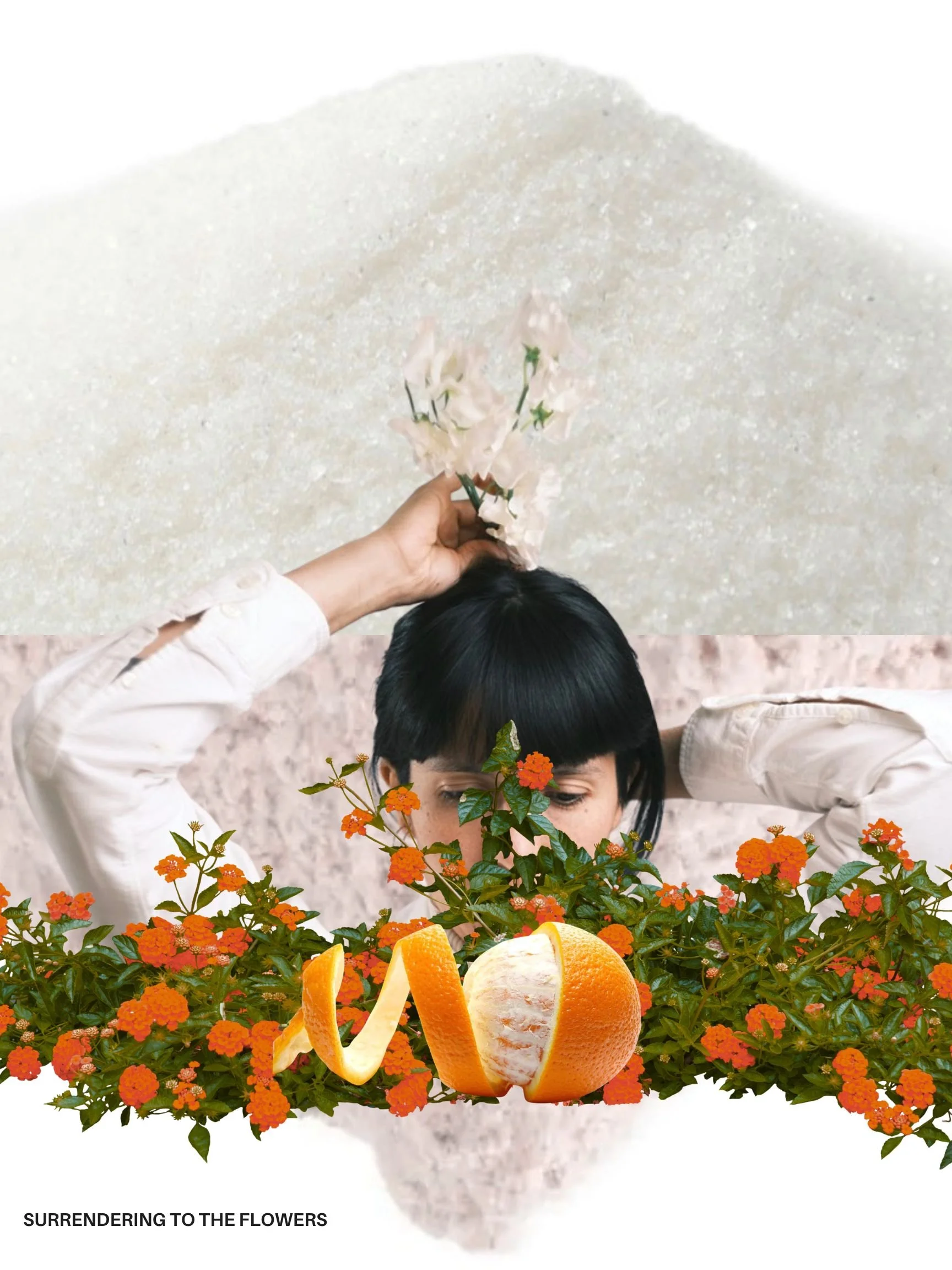 Joan Gutiérrez, against a collaged background of granulated sugar and rice, lifts a white flower above her head. In the foreground, there is a collaged assemblage of a peeled orange amidst orange flowers.